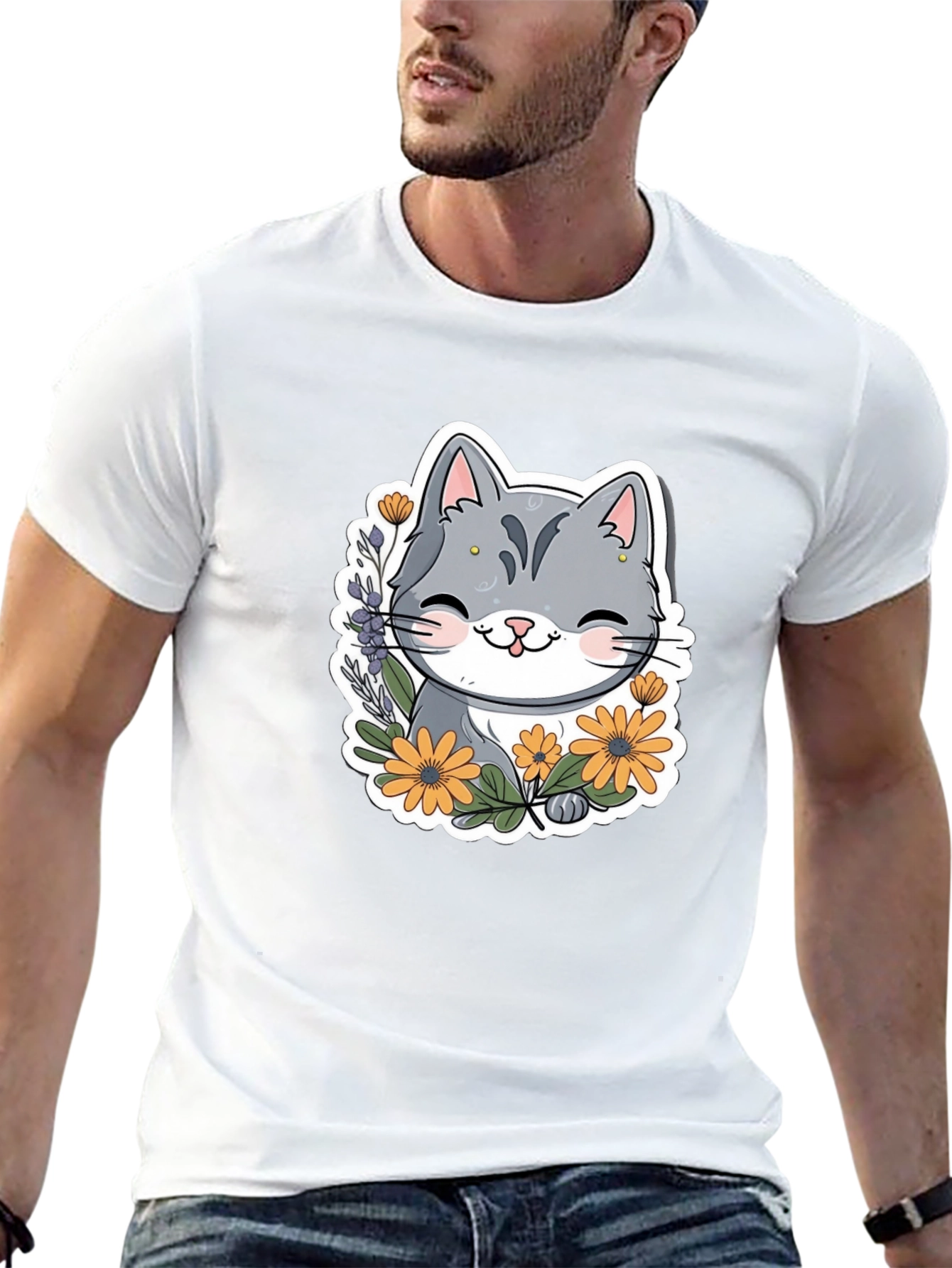 Cute Cat T-Shirt with Flowers