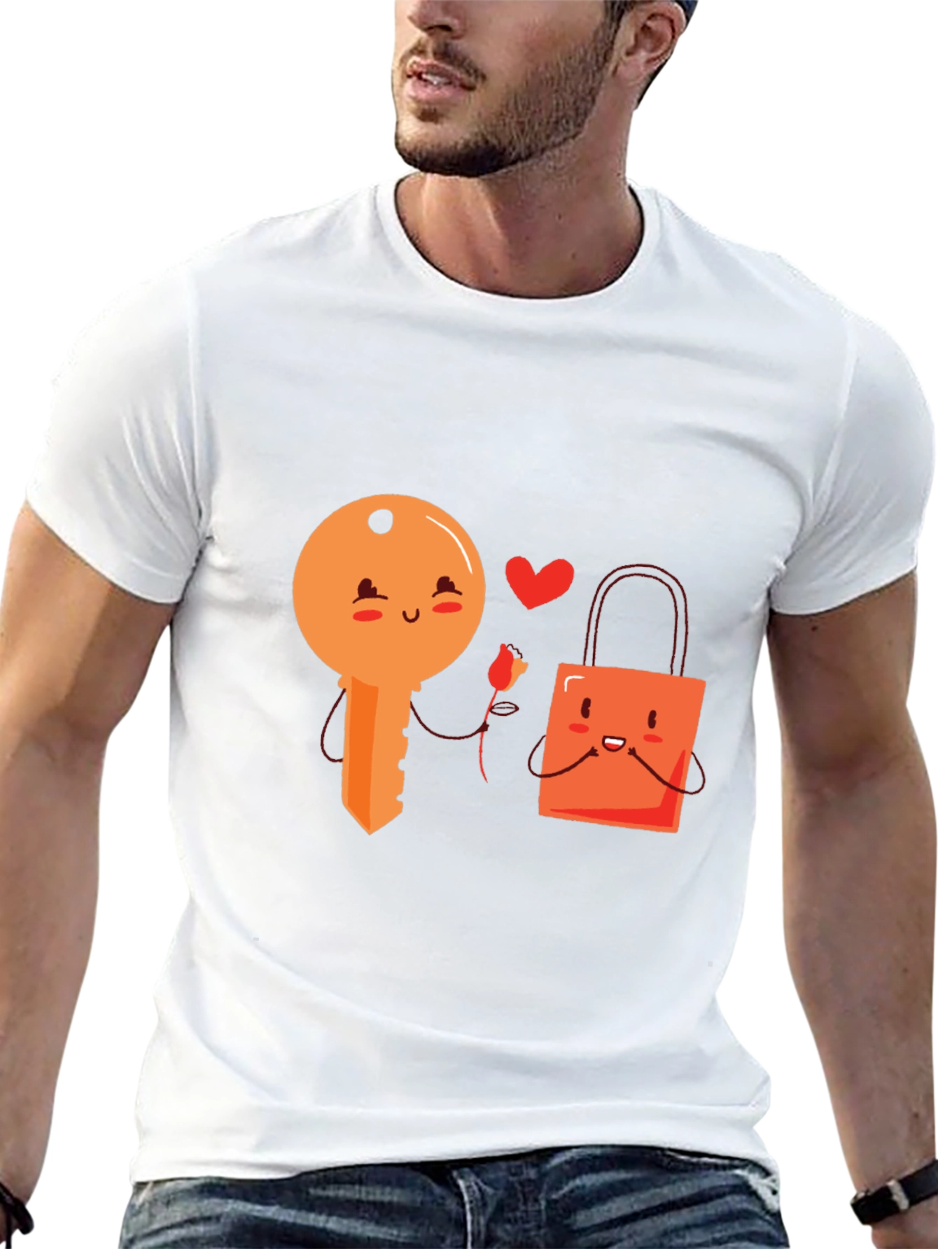 Cute Key and Lock Kawaii Cartoon Black T-Shirt
