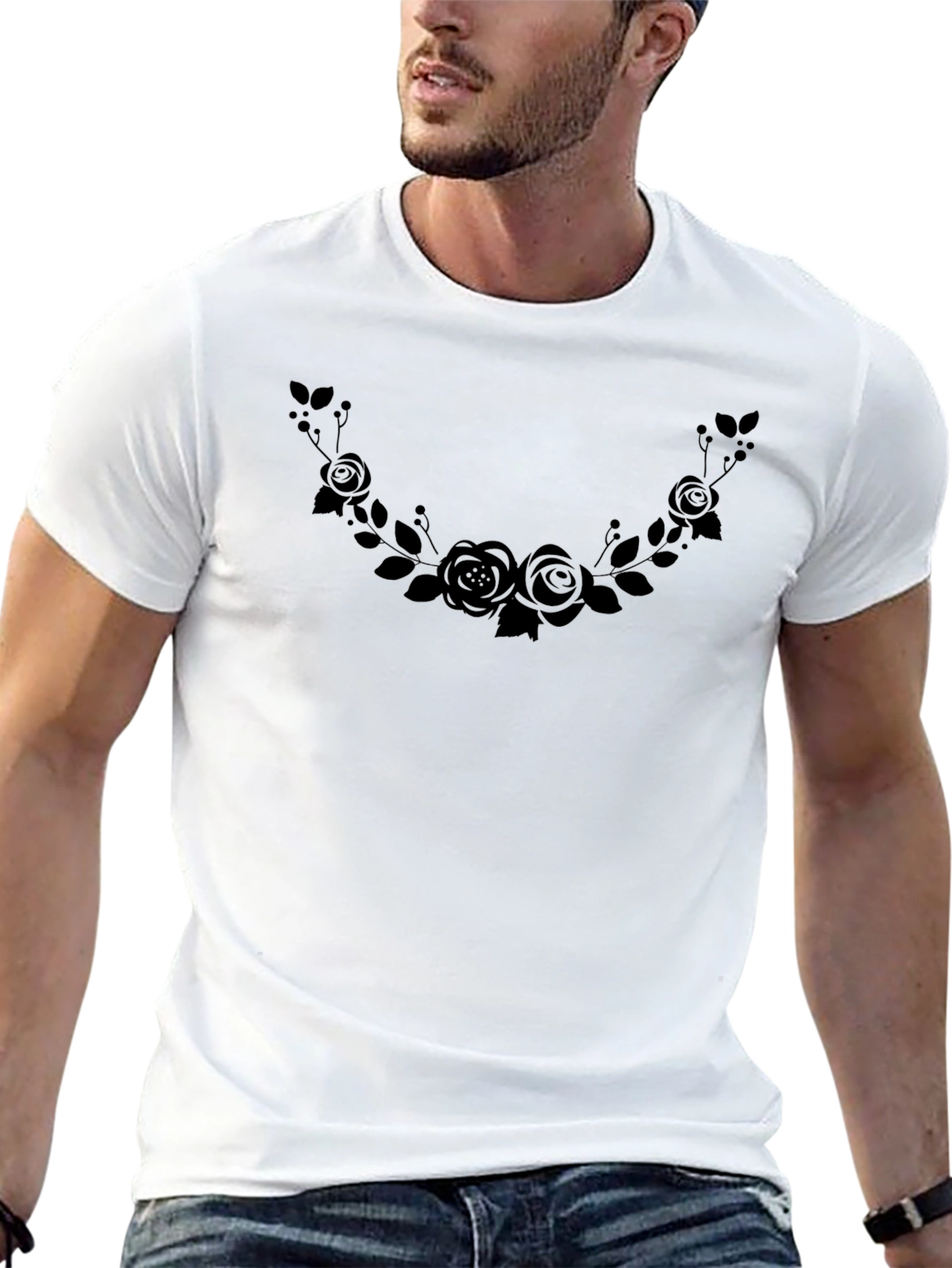 Floral Rose Wreath Graphic Black T-Shirt