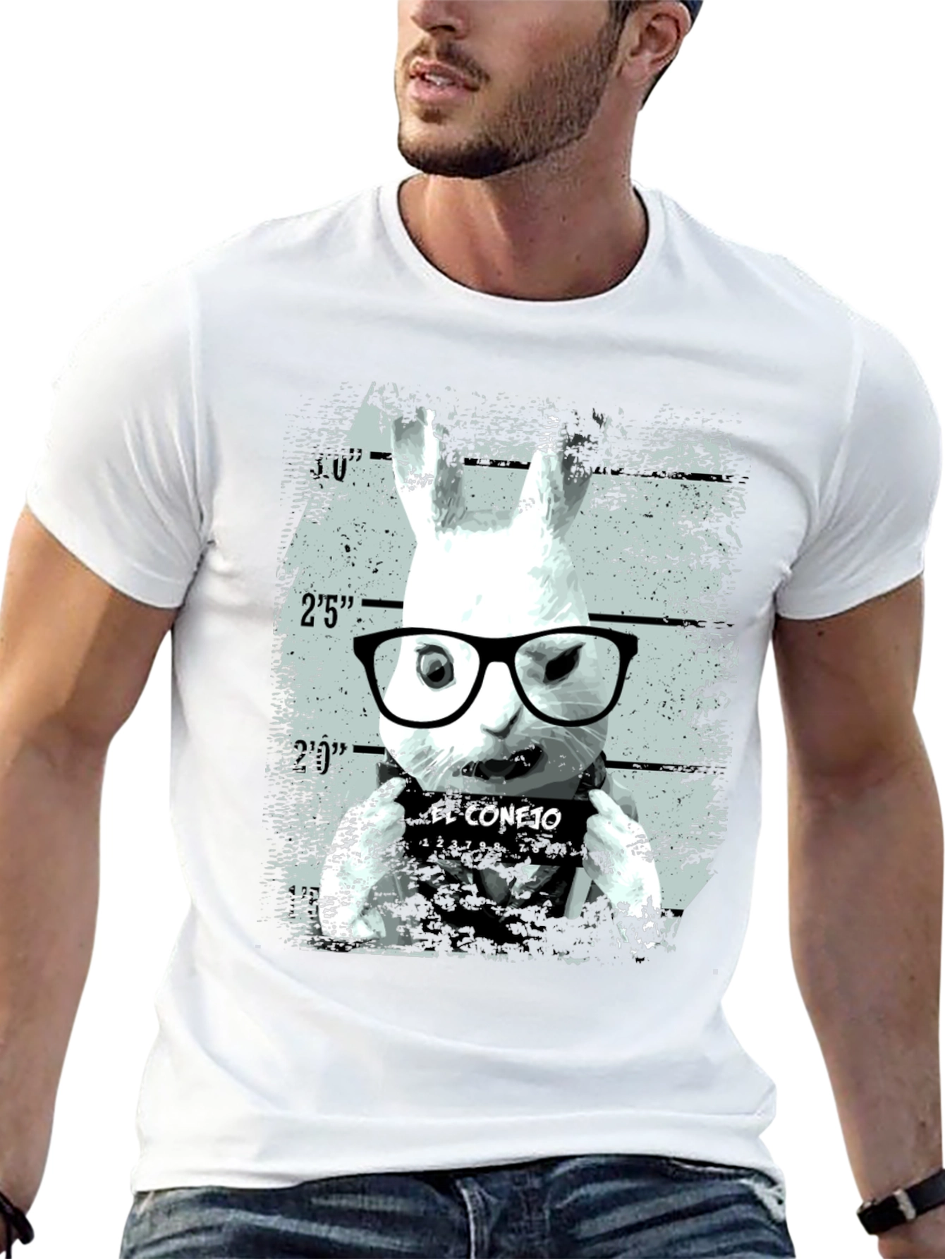 Funny Rabbit Mugshot Graphic Tee - Black