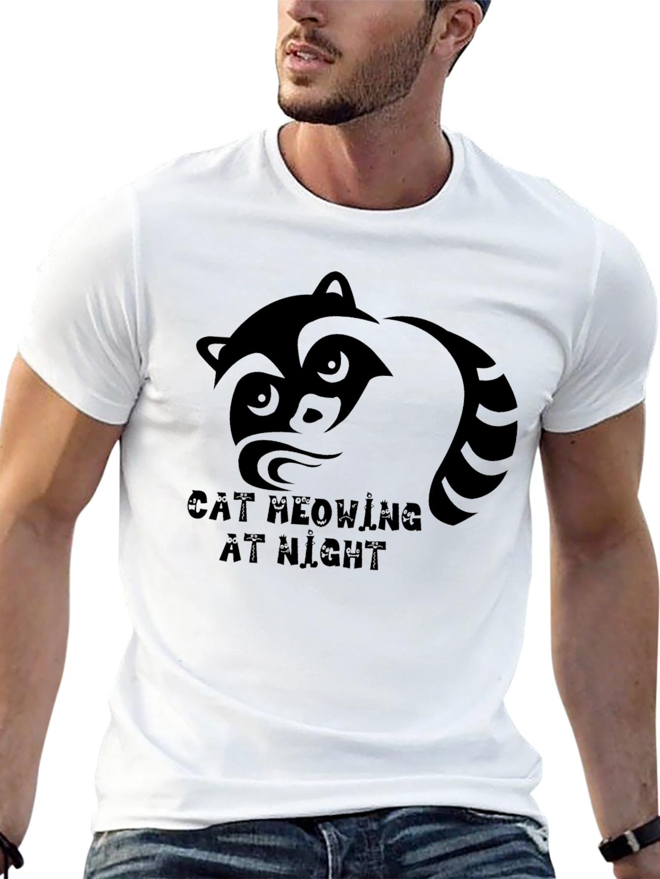 Raccoon Graphic T-Shirt - Cat Meowing At Night Tee