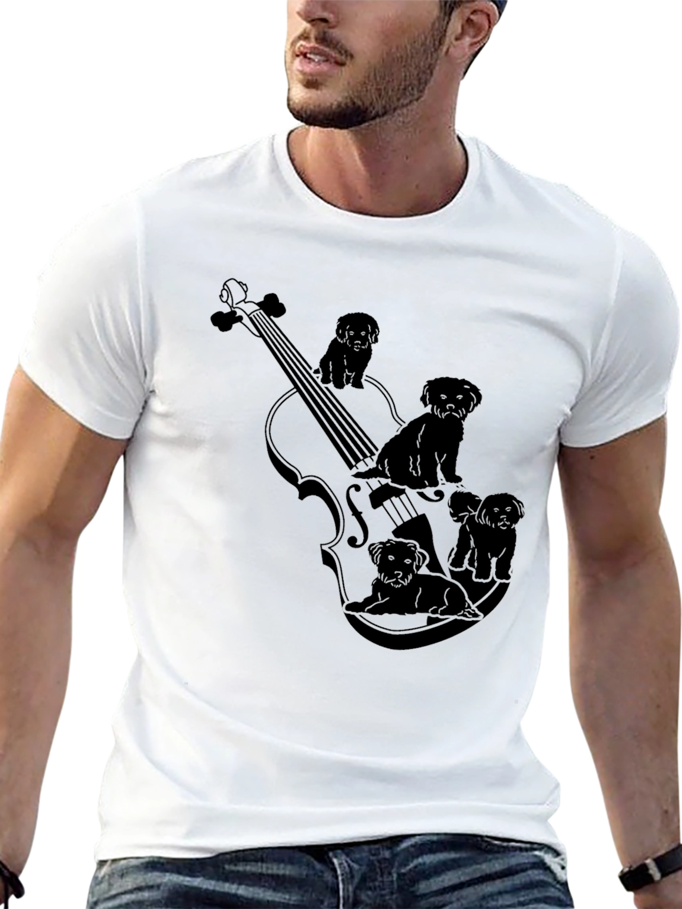 Violin & Puppies Graphic Black T-Shirt