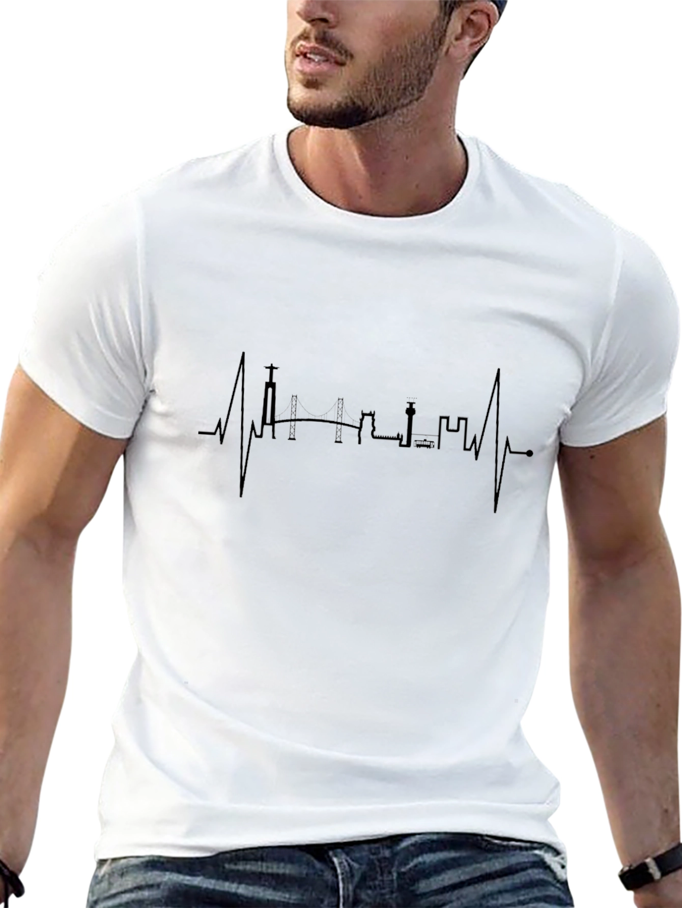 Lisbon Skyline Heartbeat T-Shirt - Black