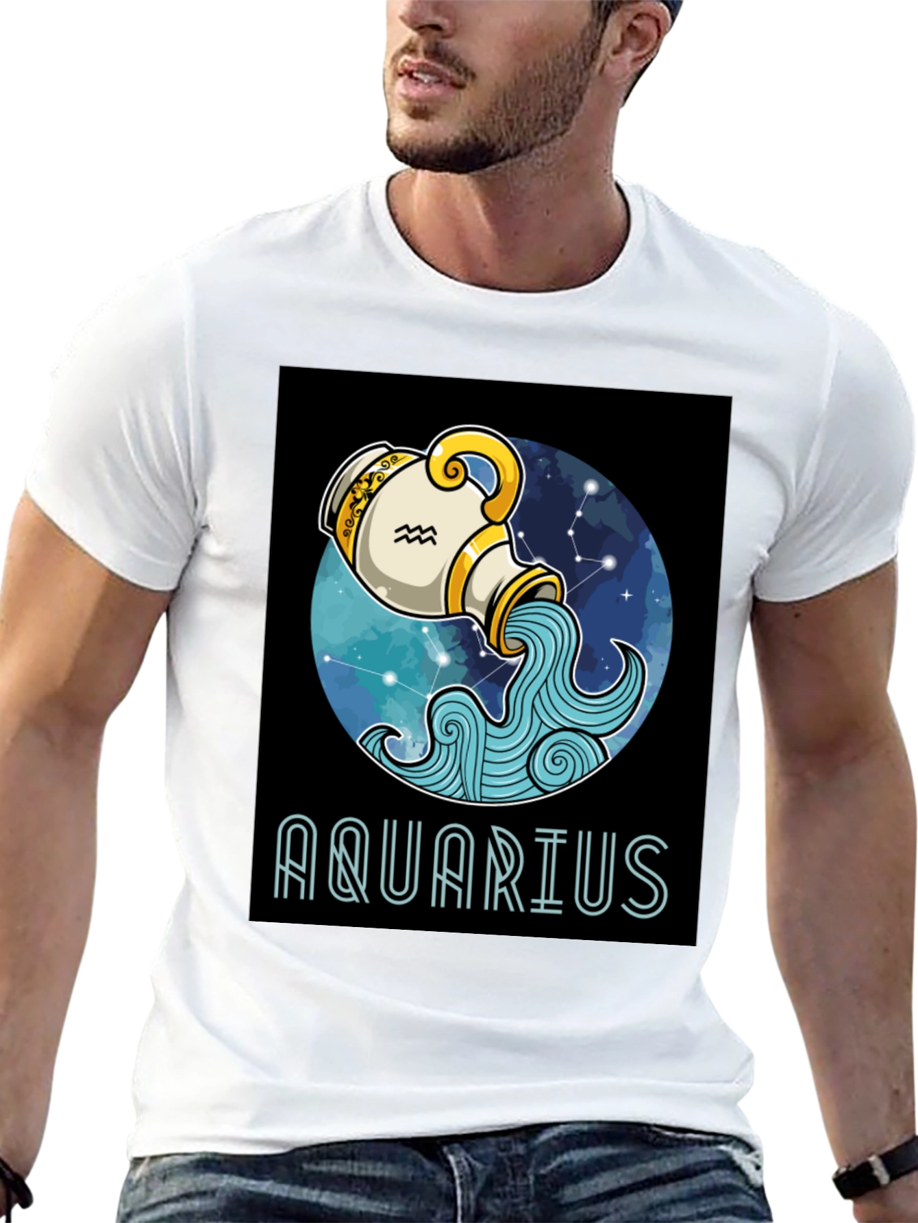 Aquarius Zodiac T-Shirt - Black Cotton Blend