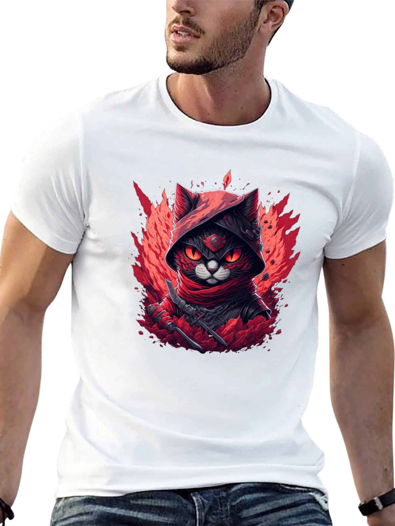 Ninja Cat Graphic T-Shirt - Red & Black