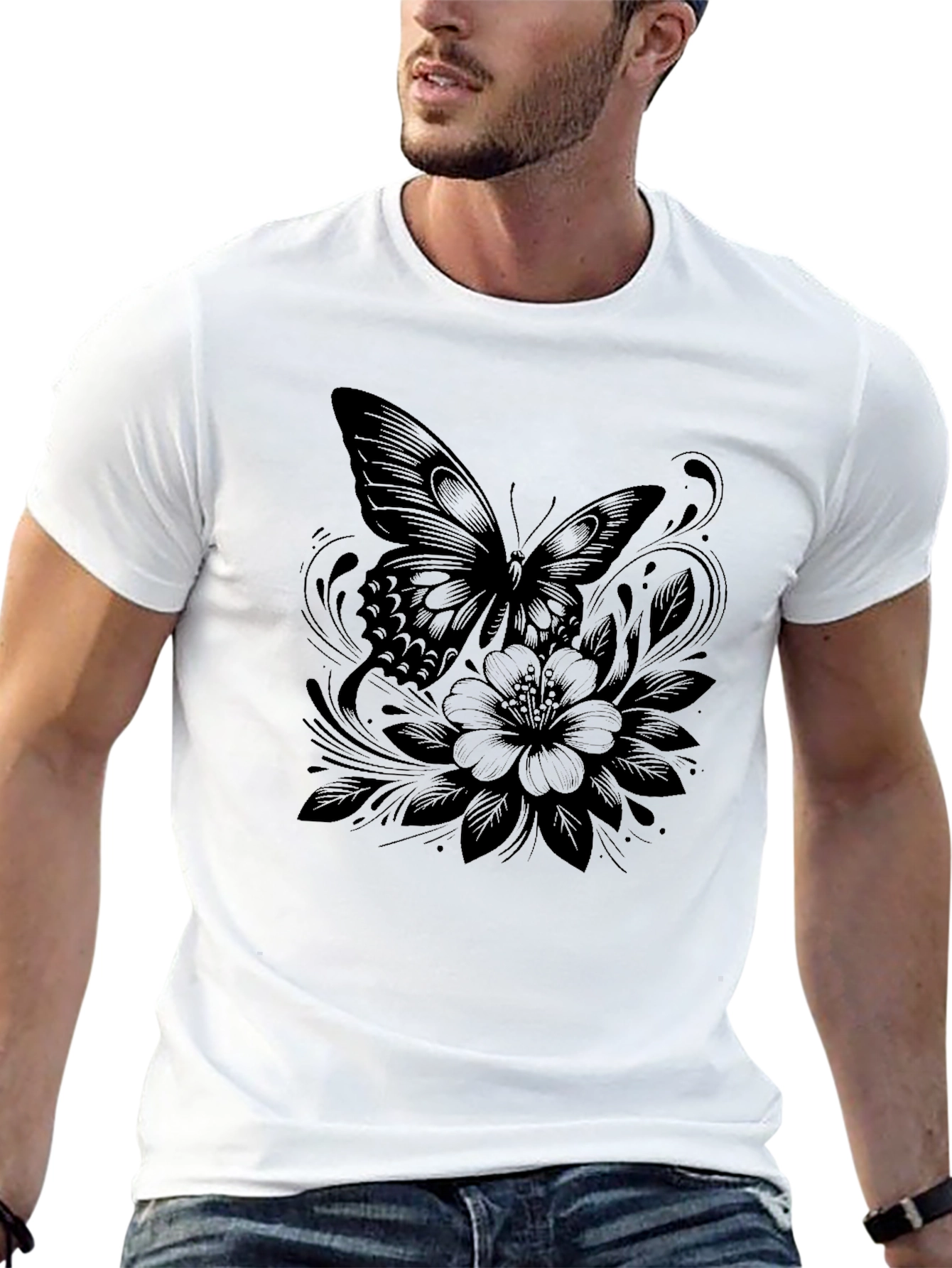 Butterfly and Floral Print Black T-Shirt