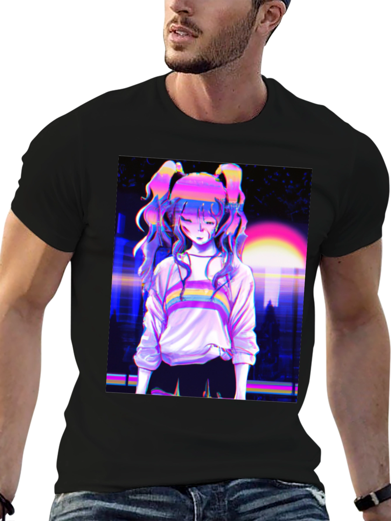 Vaporwave Anime Girl Graphic Black T-Shirt