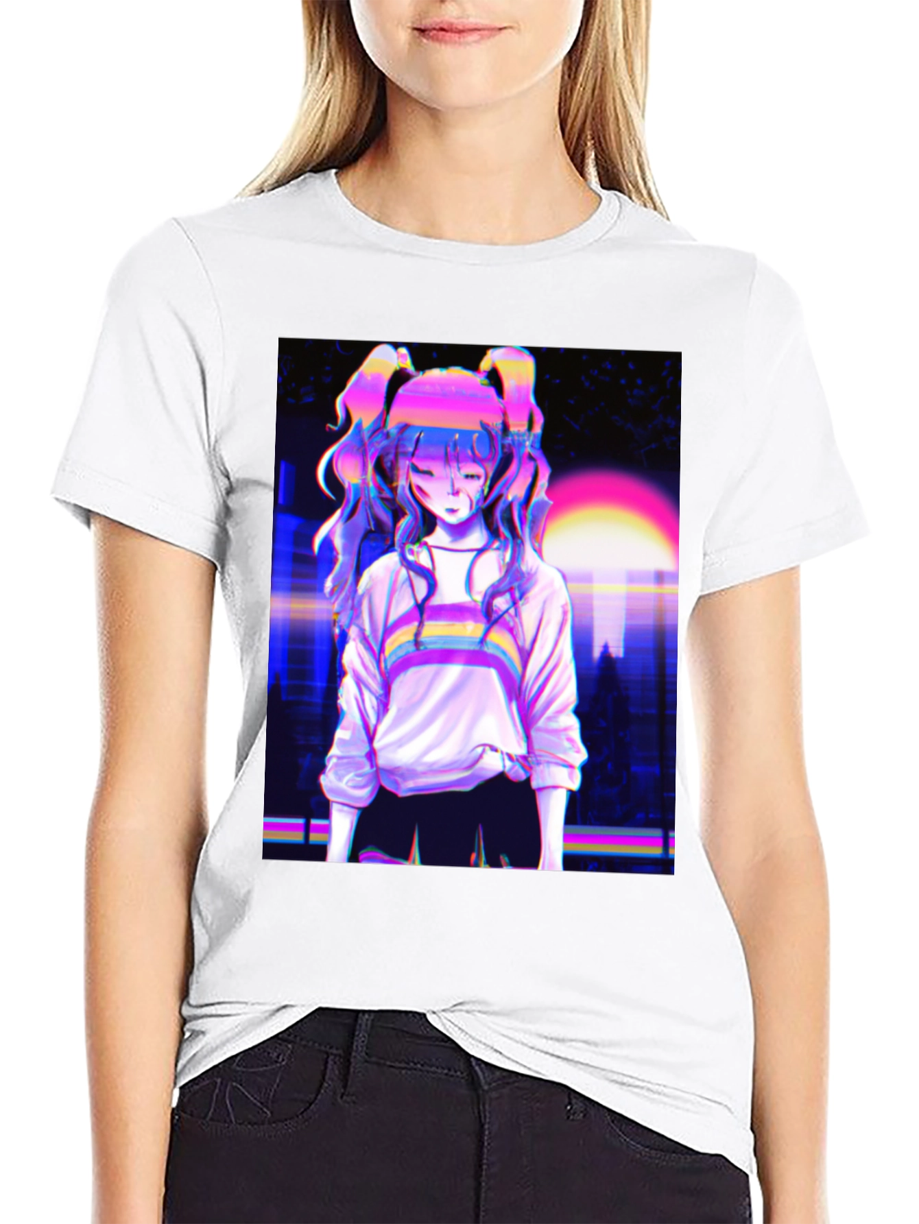 Vaporwave Anime Girl Graphic Black T-Shirt