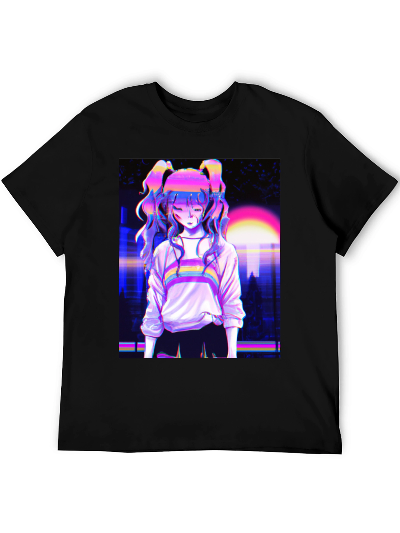 Vaporwave Anime Girl Graphic Black T-Shirt