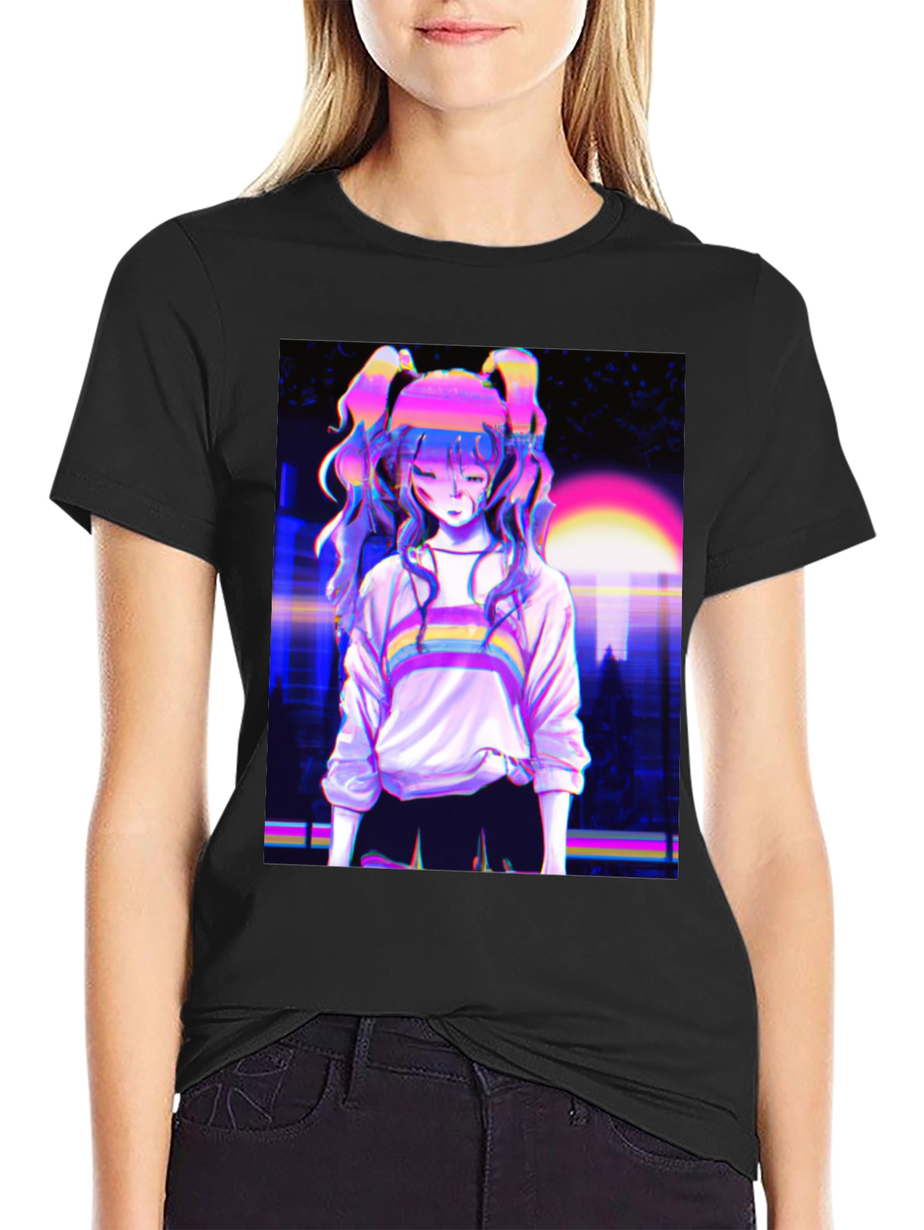 Vaporwave Anime Girl Graphic Black T-Shirt
