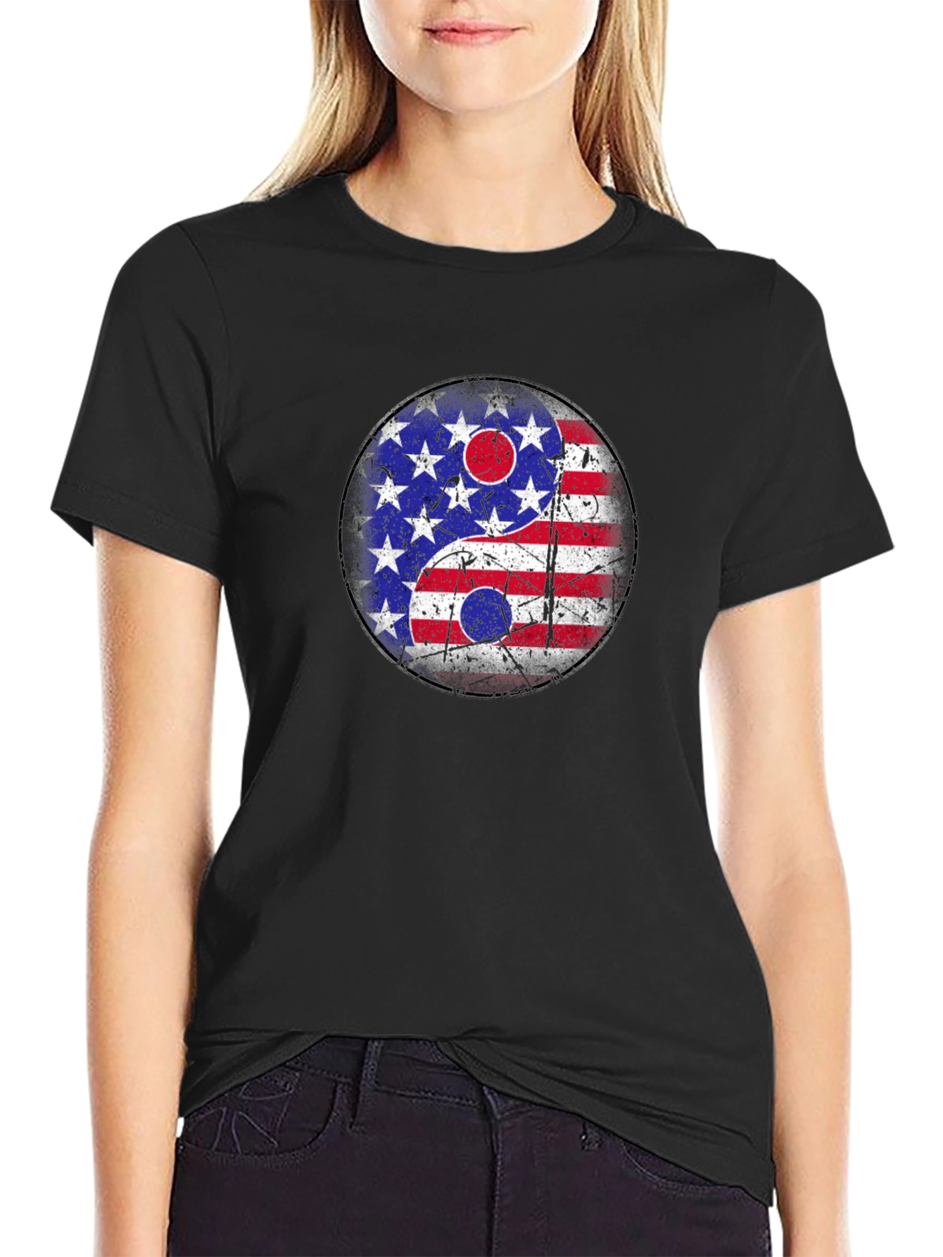 Yin Yang American Flag Graphic T-Shirt
