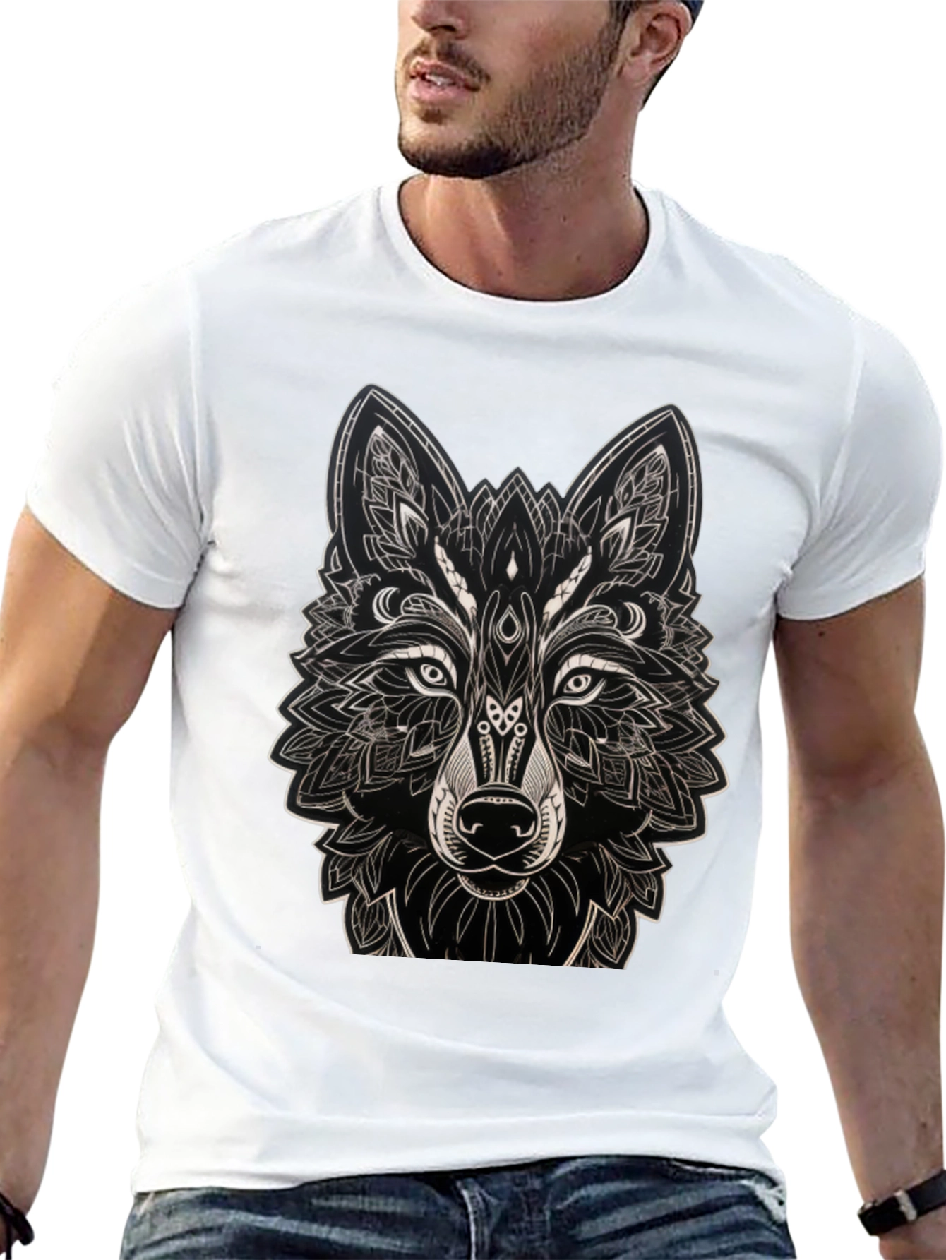 Geometric Wolf Graphic Black T-Shirt