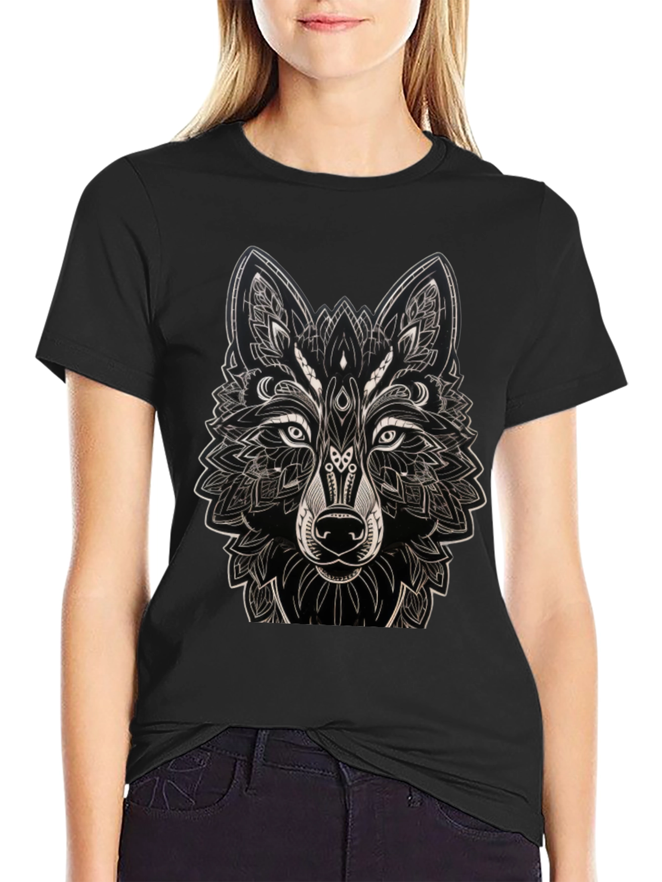 Geometric Wolf Graphic Black T-Shirt