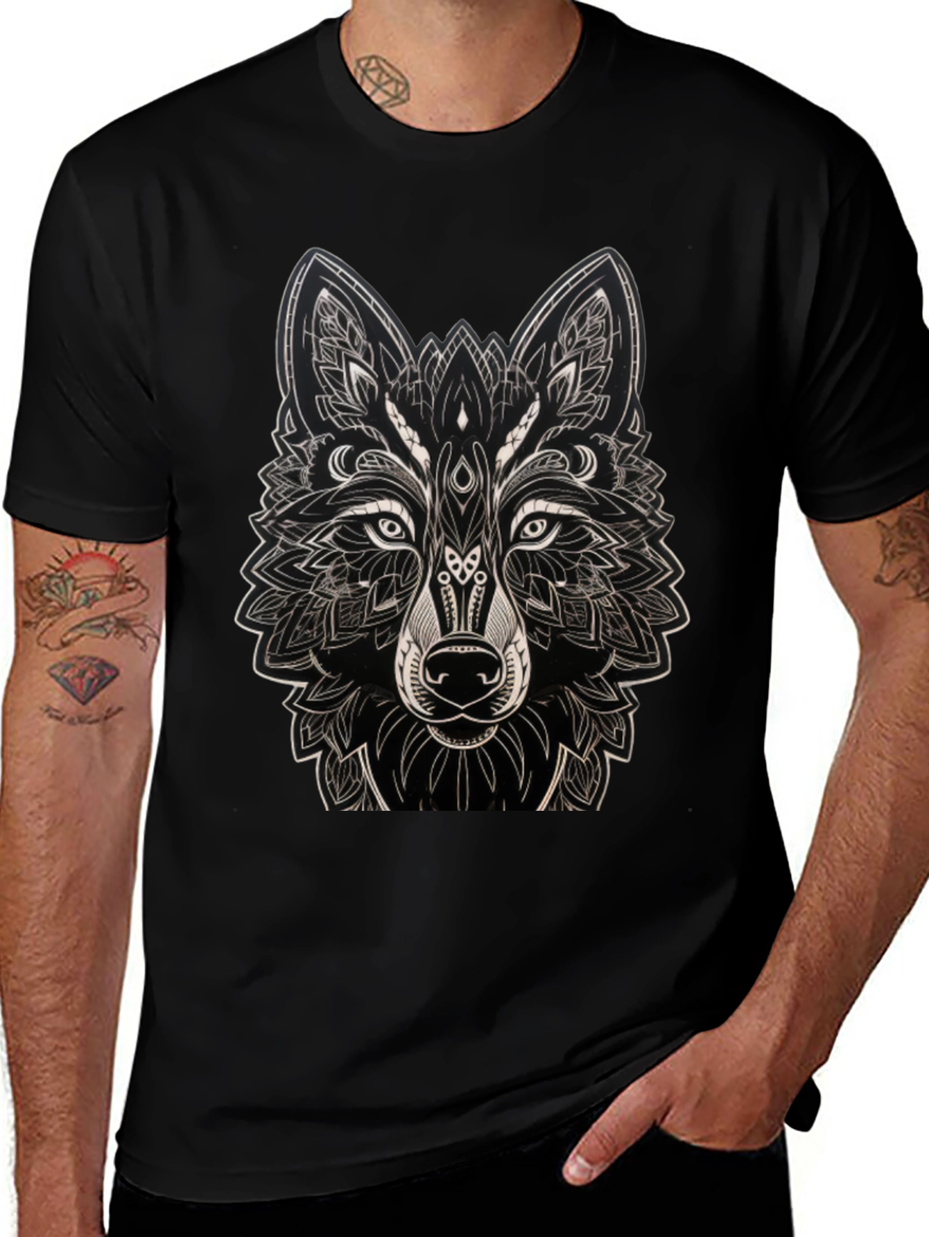 Geometric Wolf Graphic Black T-Shirt