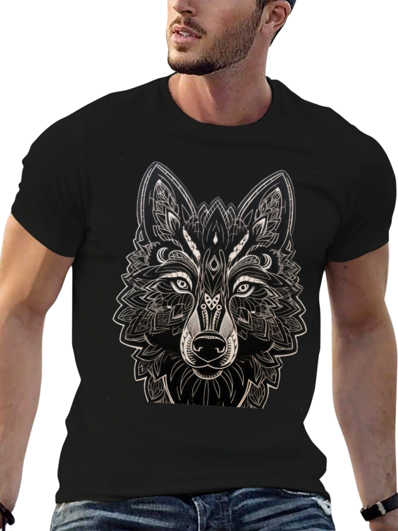 Geometric Wolf Graphic Black T-Shirt