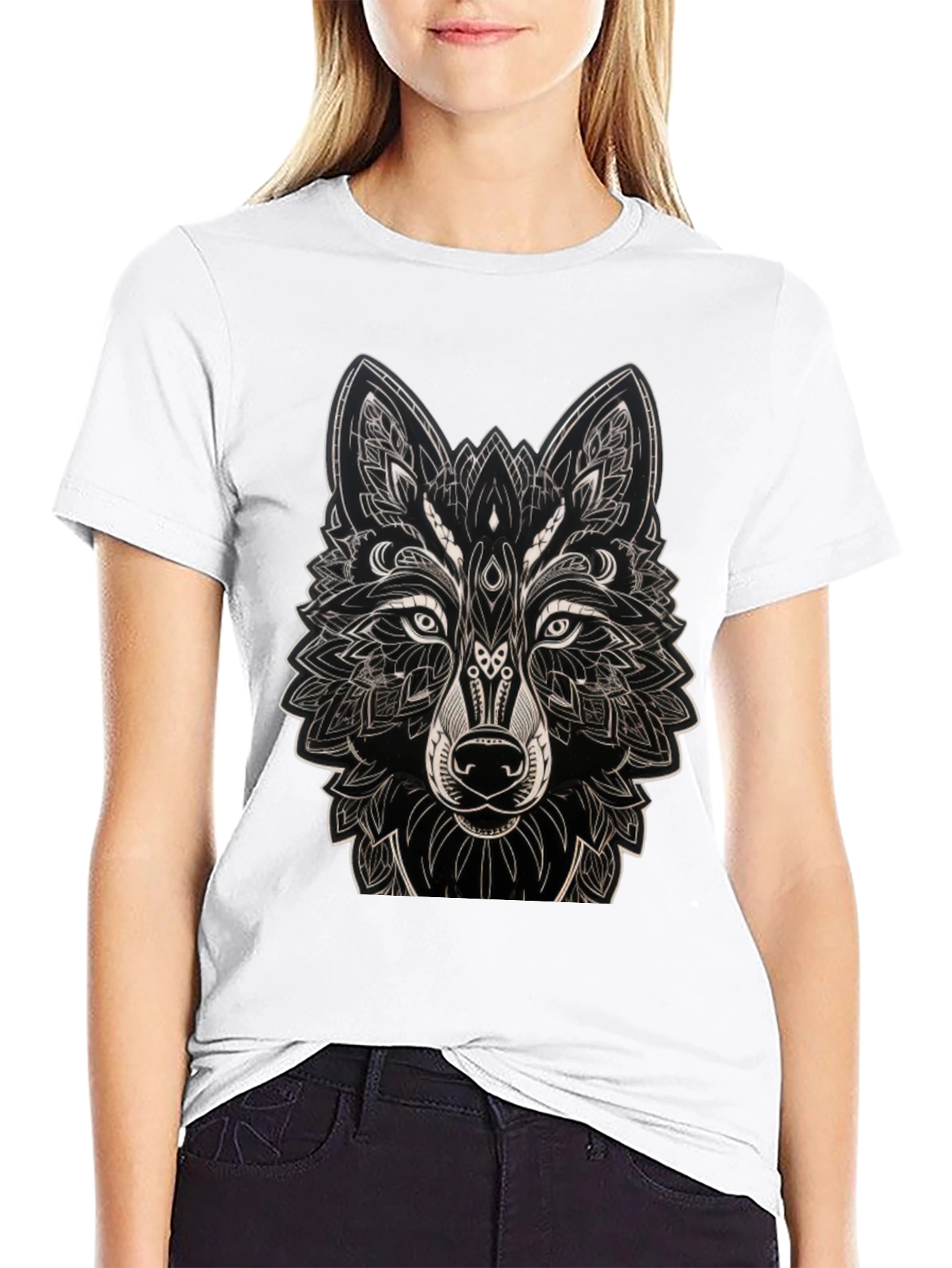 Geometric Wolf Graphic Black T-Shirt