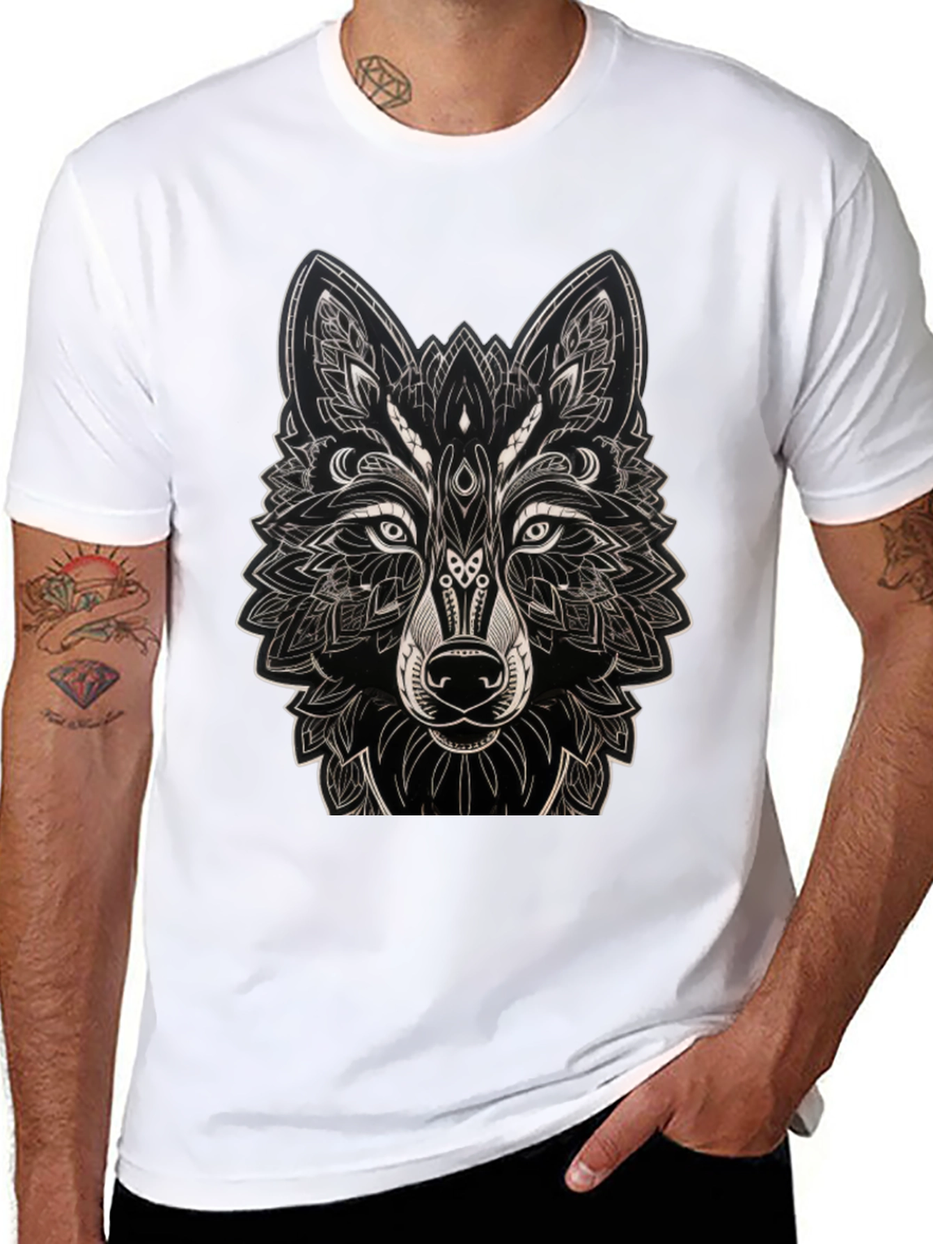 Geometric Wolf Graphic Black T-Shirt