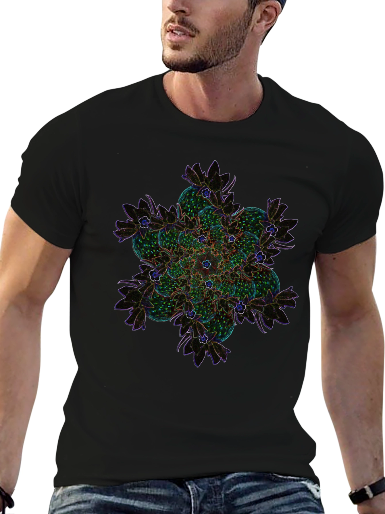 Abstract Floral Mandala Graphic Tee - Black