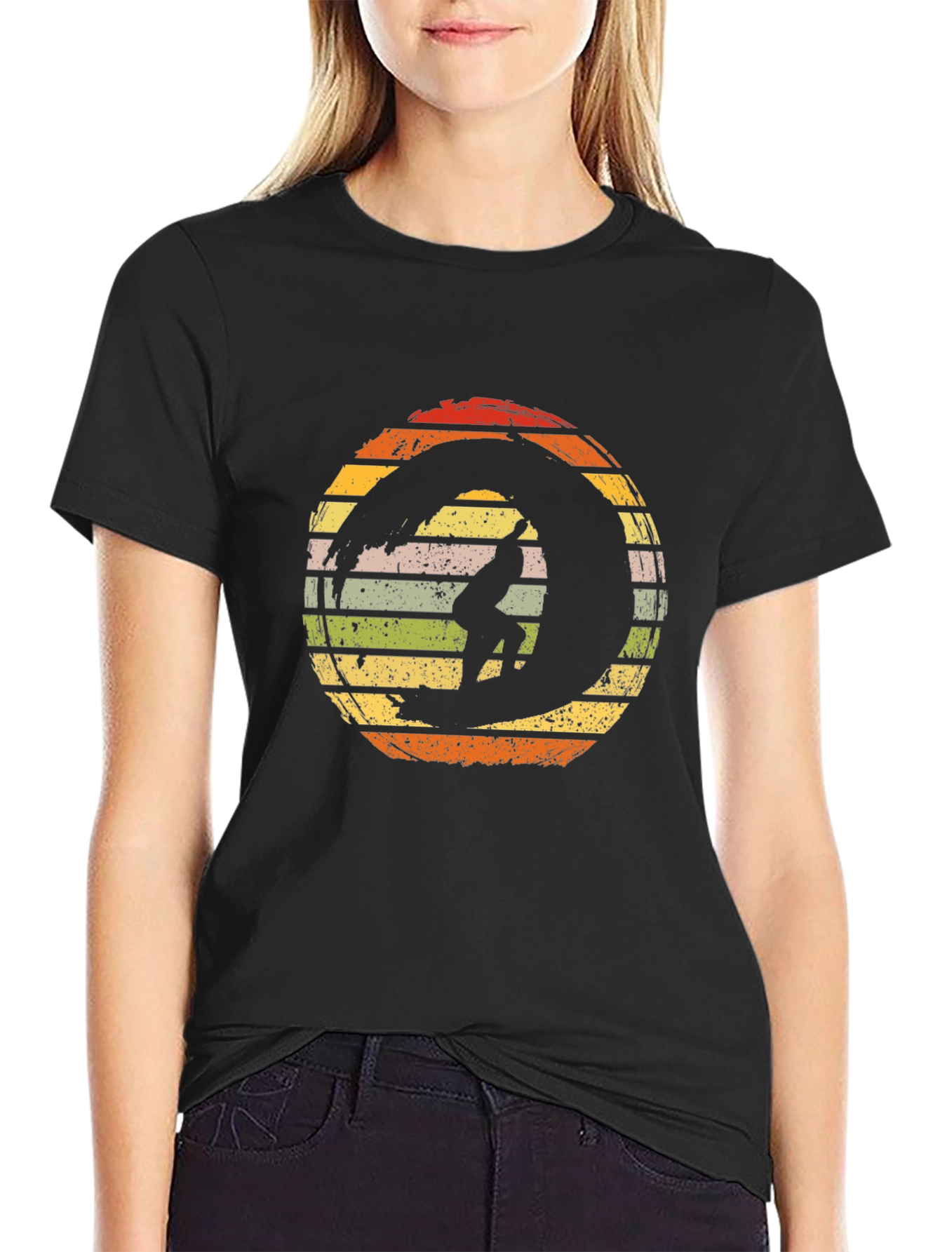 Retro Surfer Wave Graphic T-Shirt - Black