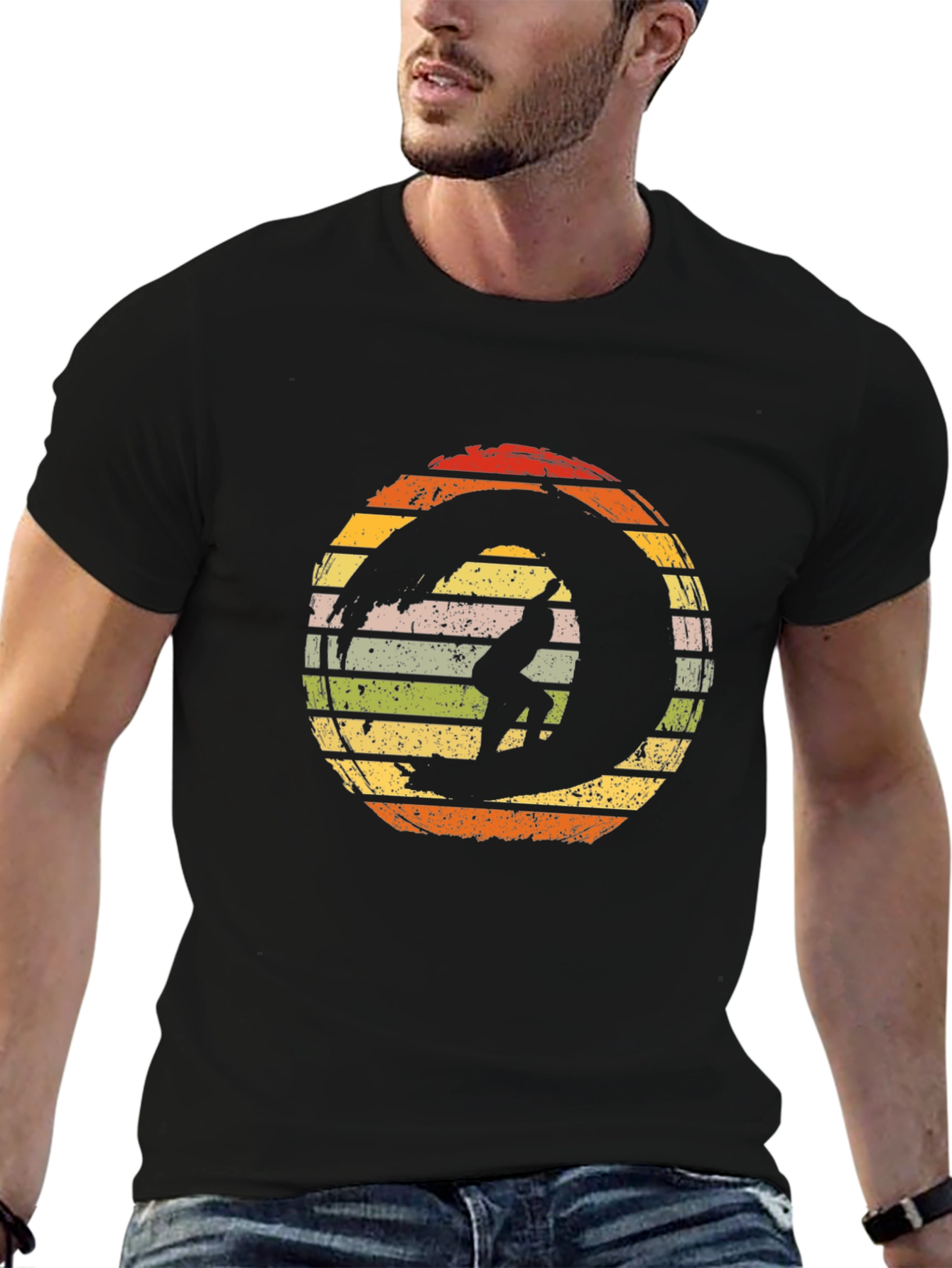 Retro Surfer Wave Graphic T-Shirt - Black