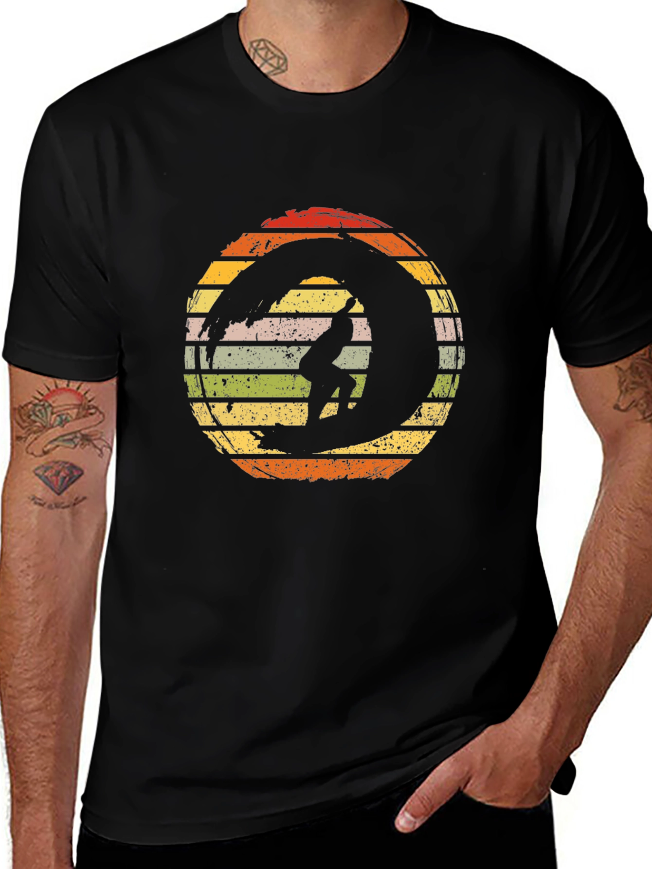 Retro Surfer Wave Graphic T-Shirt - Black