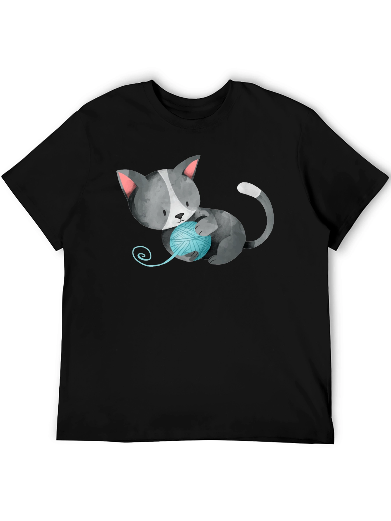 Cute Cat with Yarn Ball Black T-Shirt