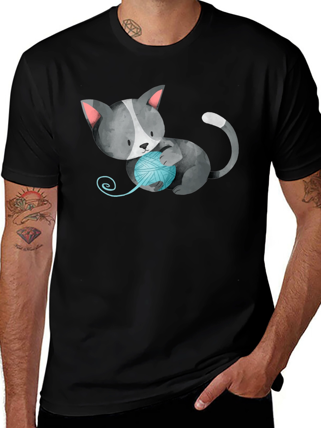 Cute Cat with Yarn Ball Black T-Shirt
