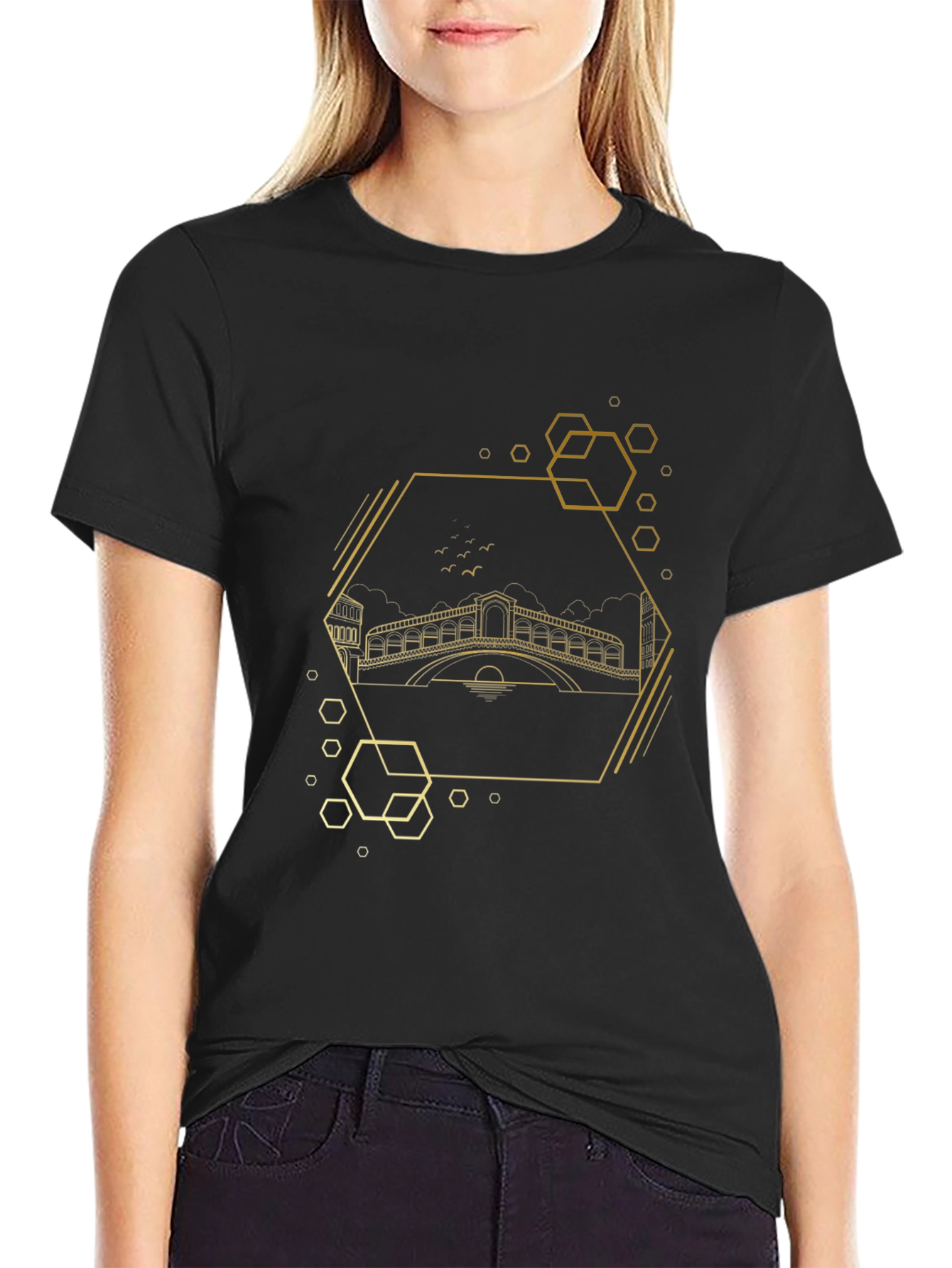 Geometric Venice Bridge Black Tee