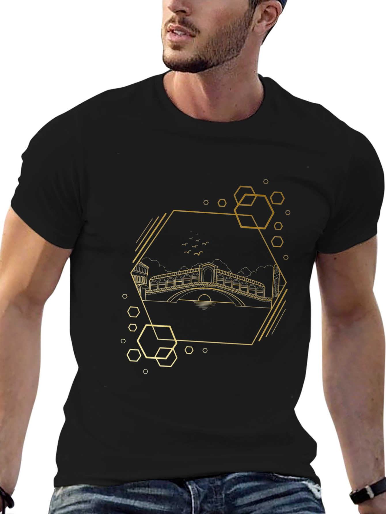 Geometric Venice Bridge Black Tee