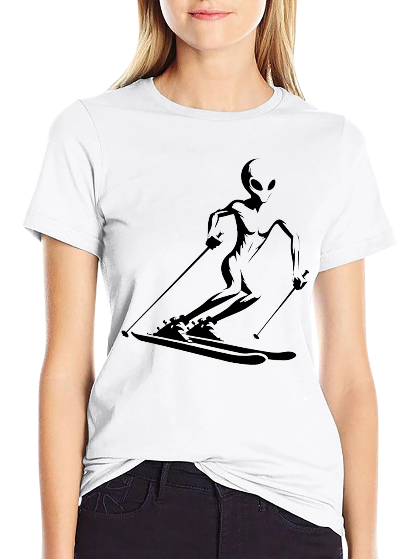 Alien Skiing Graphic T-Shirt - Black