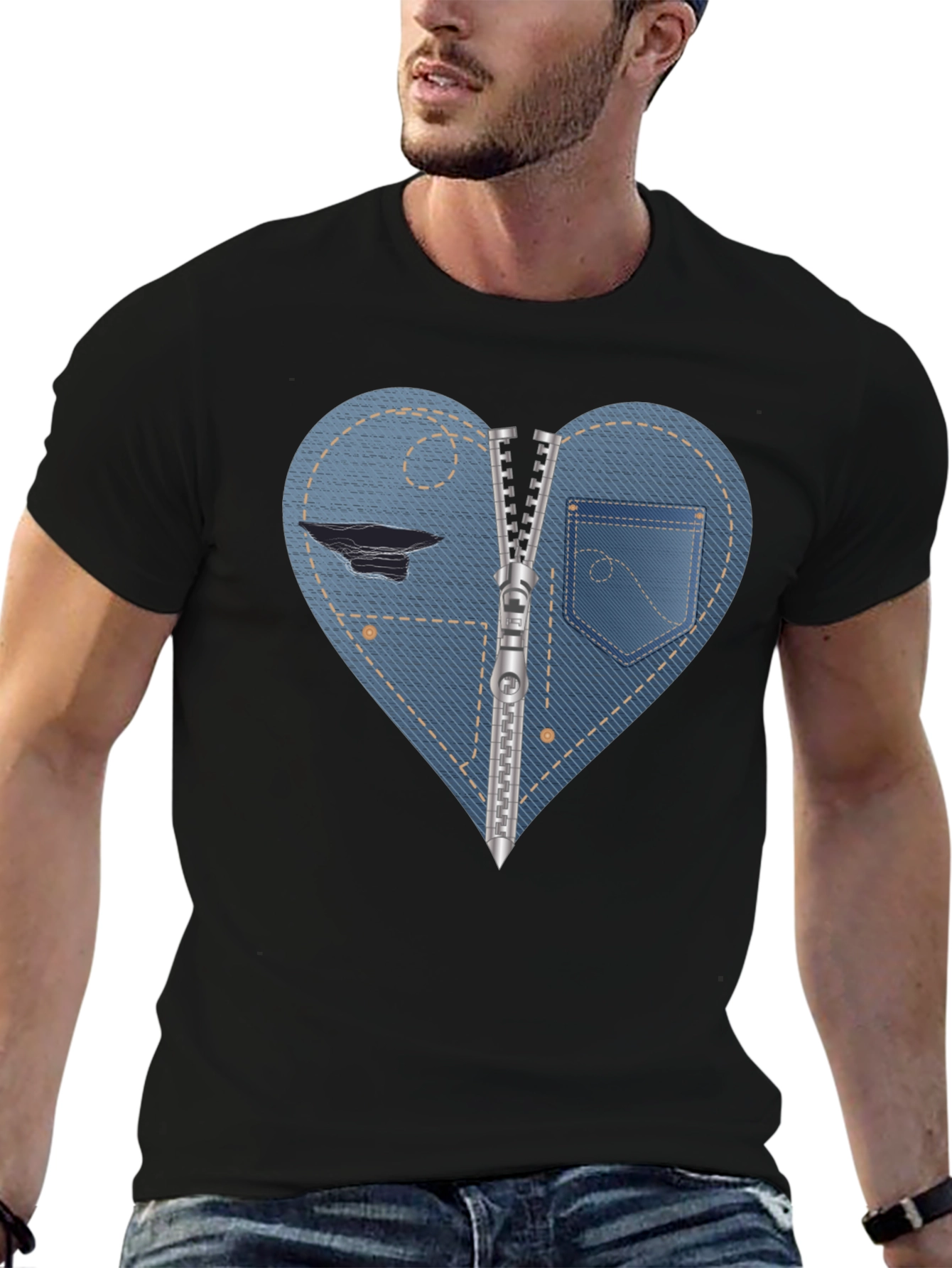 Denim Heart Zipper T-Shirt