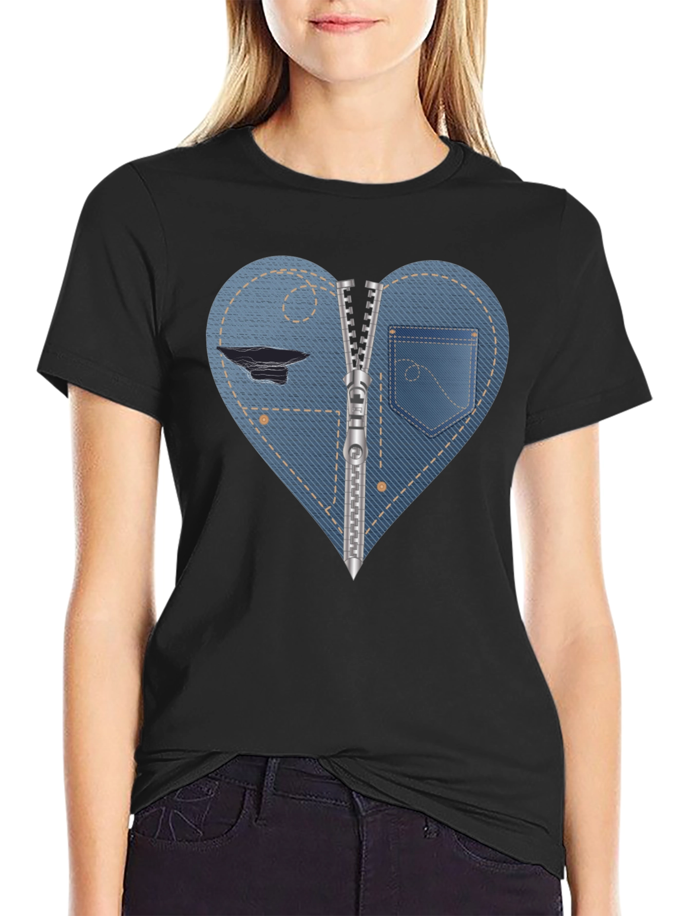 Denim Heart Zipper T-Shirt