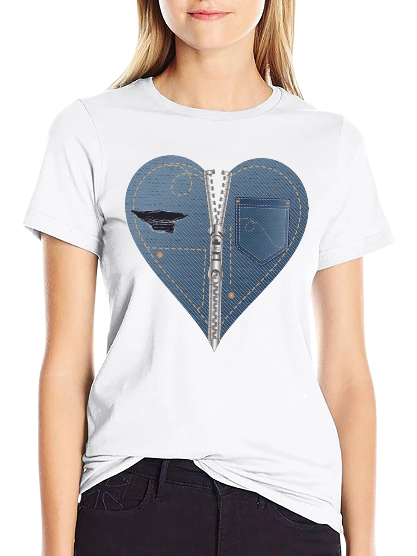 Denim Heart Zipper T-Shirt
