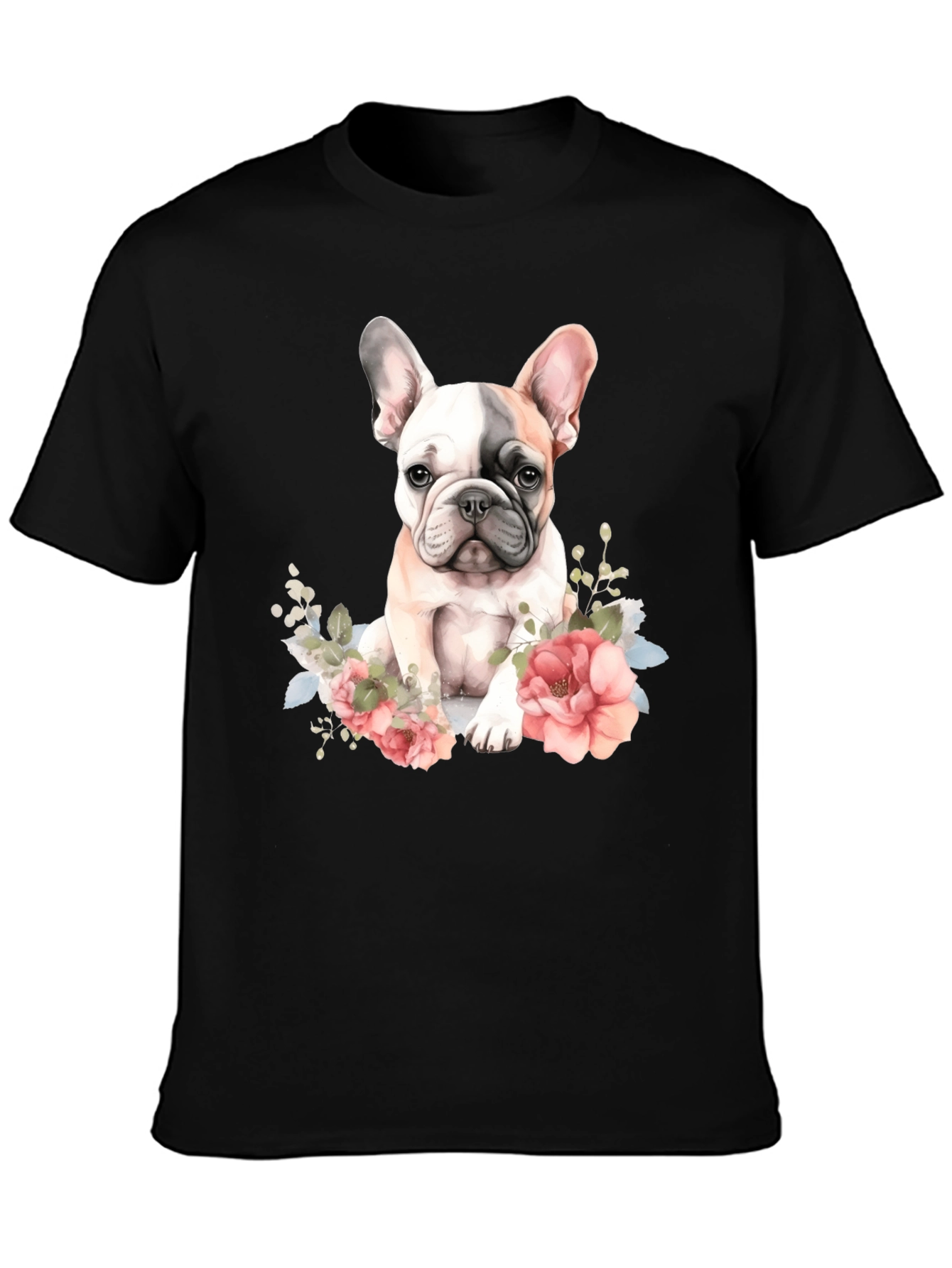 Floral French Bulldog Graphic Tee - Black