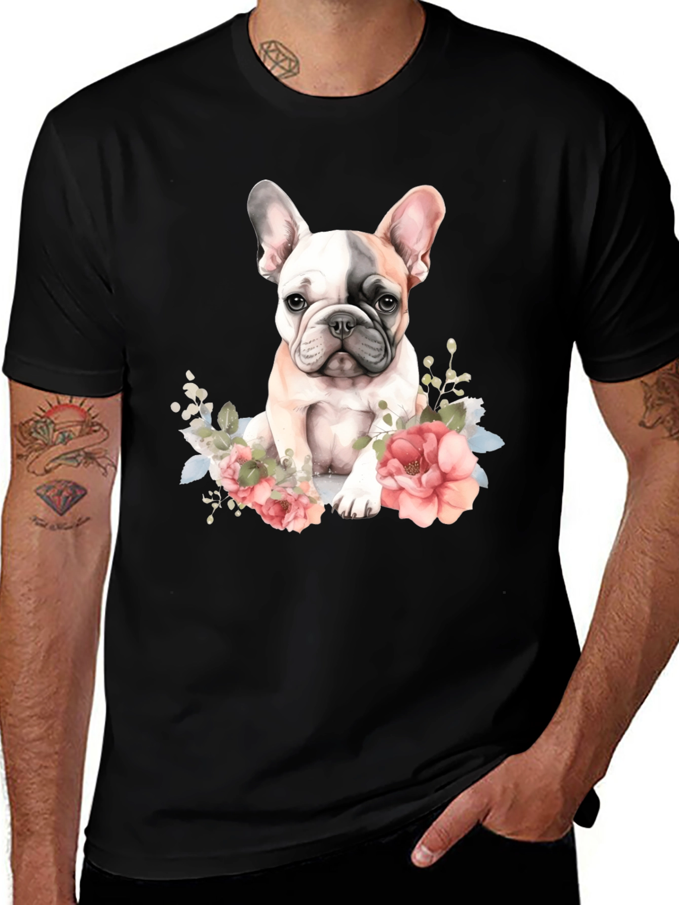 Floral French Bulldog Graphic Tee - Black