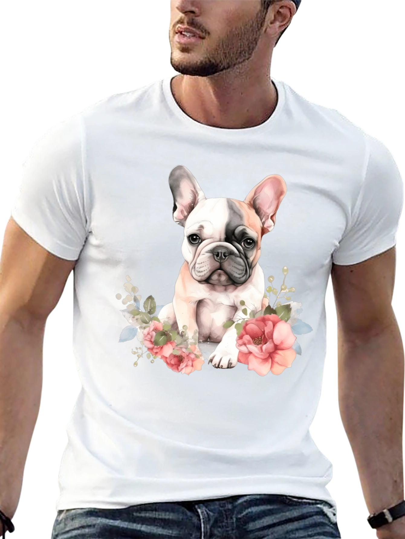 Floral French Bulldog Graphic Tee - Black