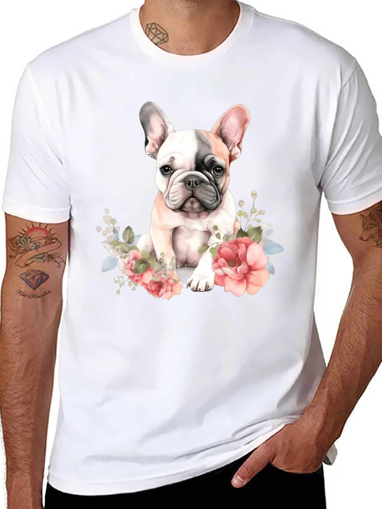 Floral French Bulldog Graphic Tee - Black