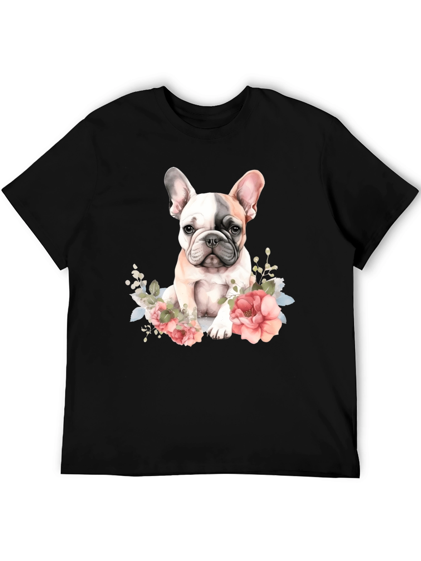 Floral French Bulldog Graphic Tee - Black