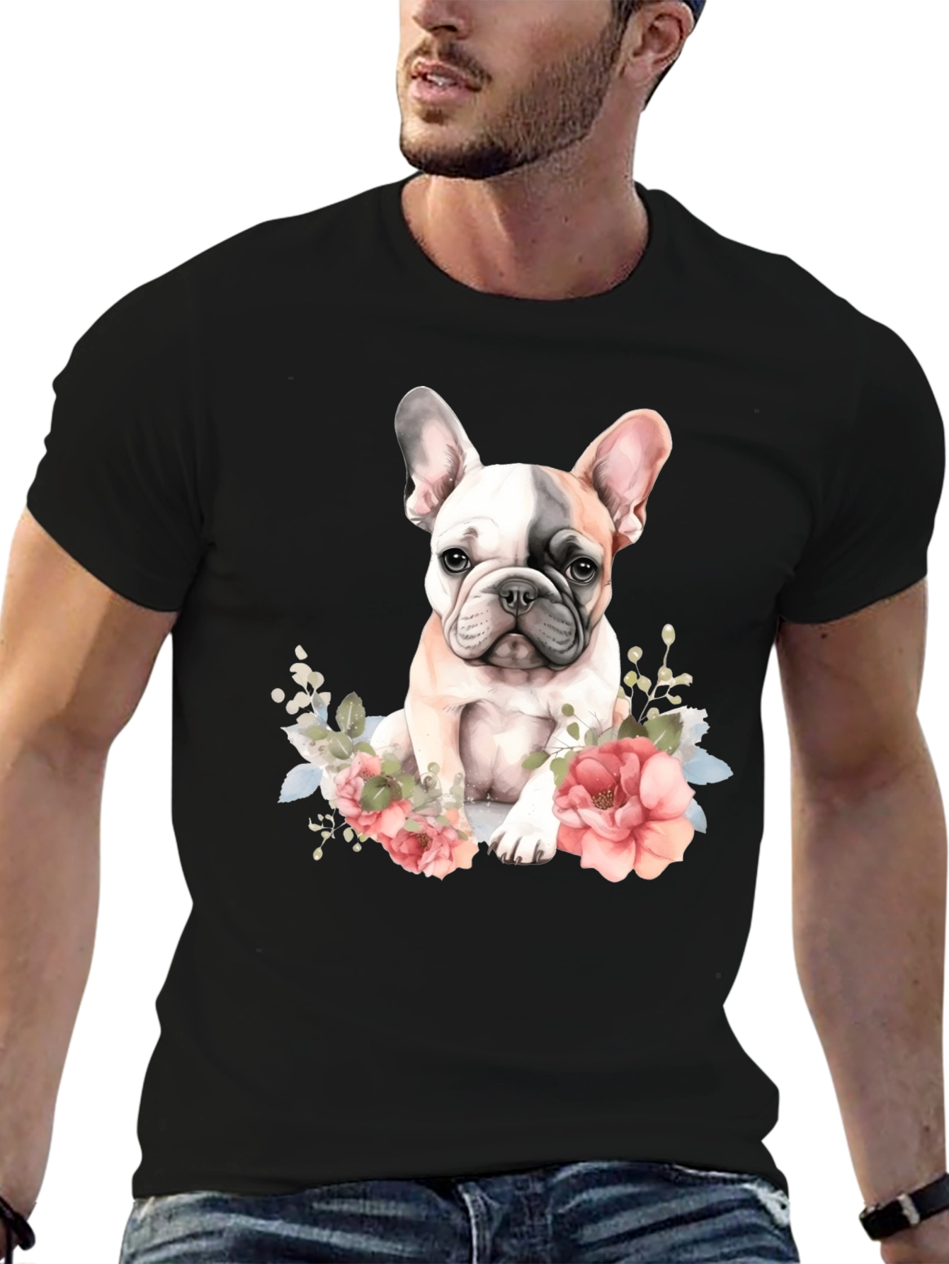Floral French Bulldog Graphic Tee - Black