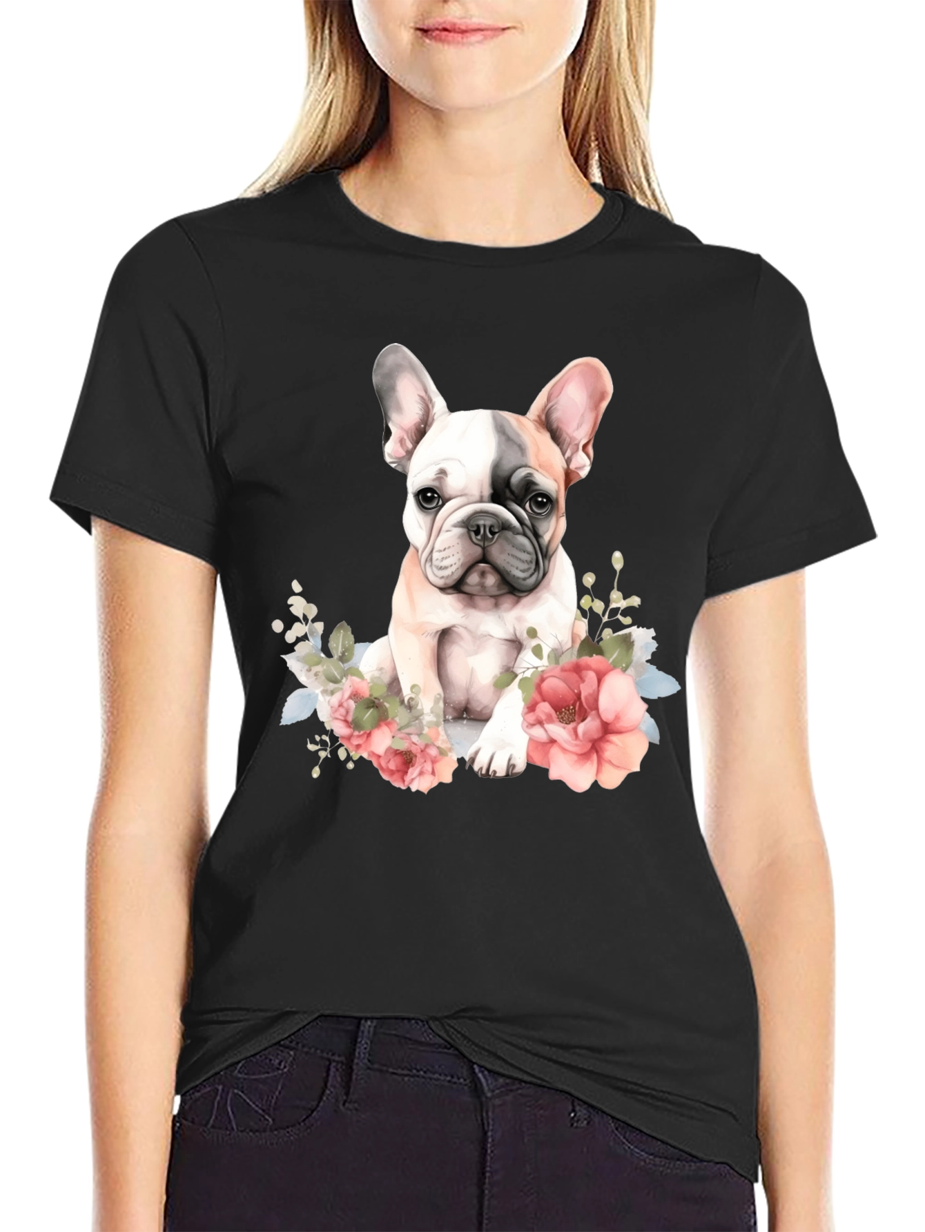 Floral French Bulldog Graphic Tee - Black