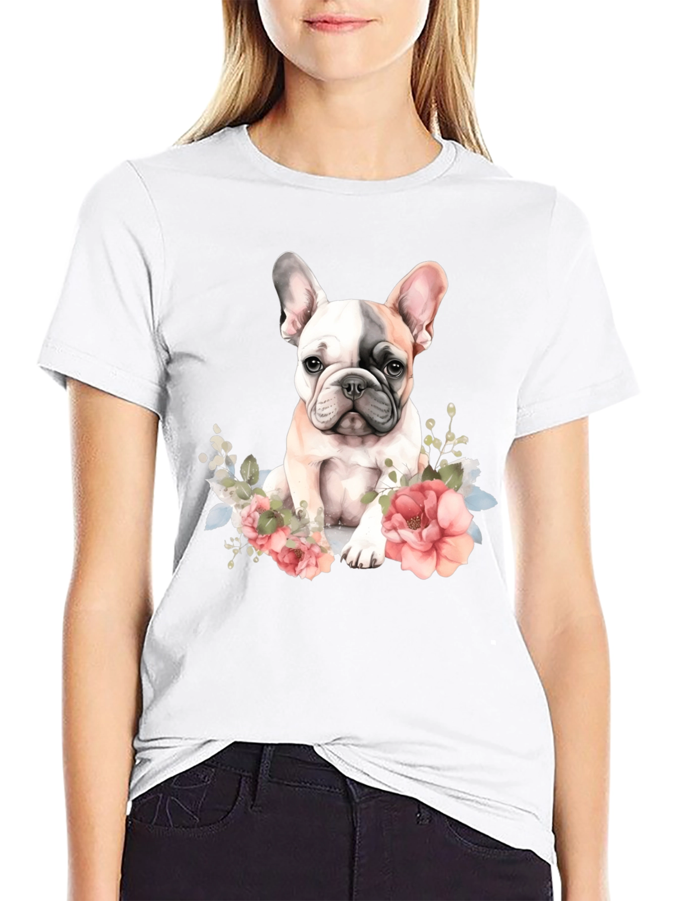 Floral French Bulldog Graphic Tee - Black