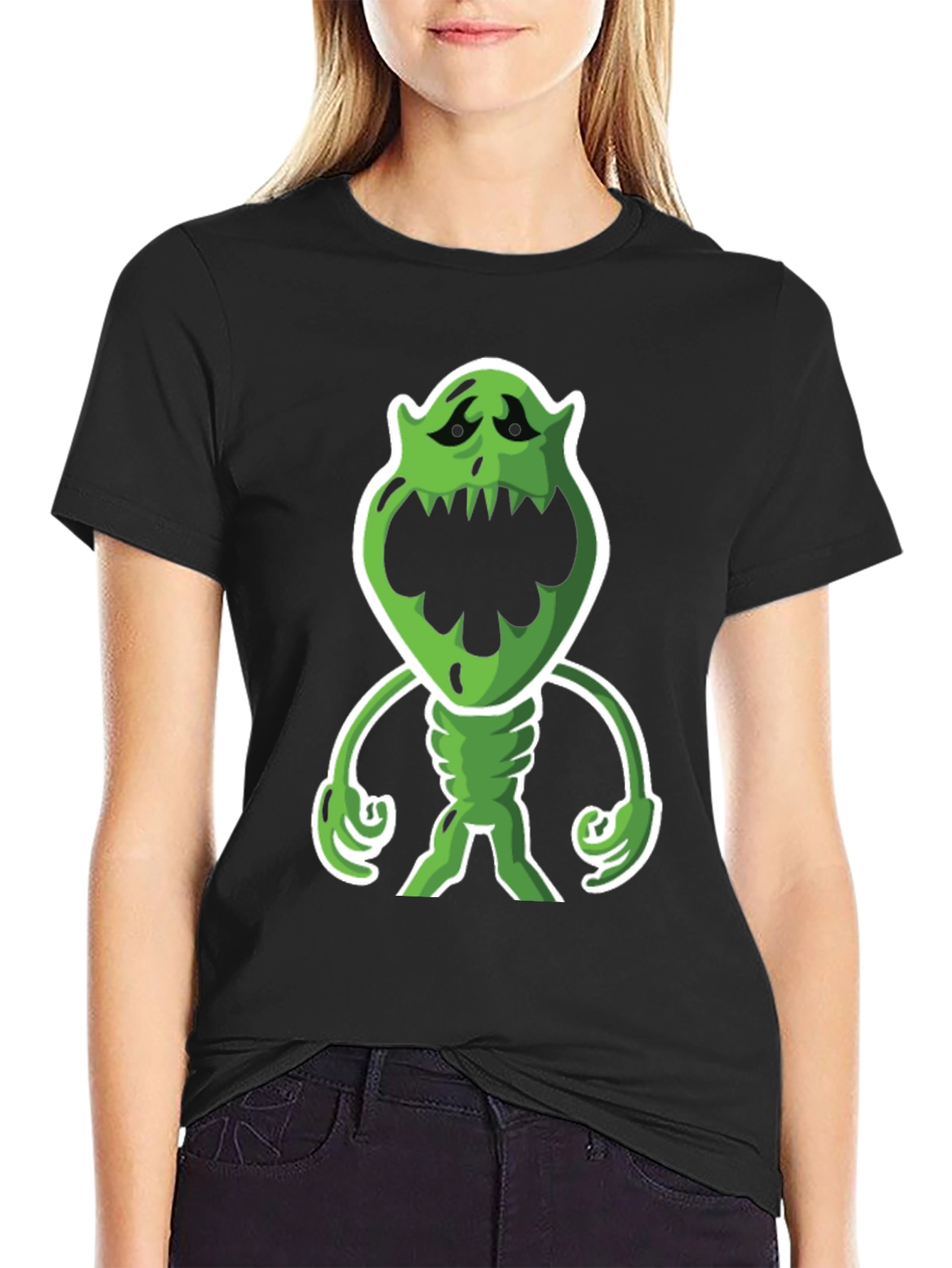 Cartoon Monster Graphic Tee - Black Cotton Blend