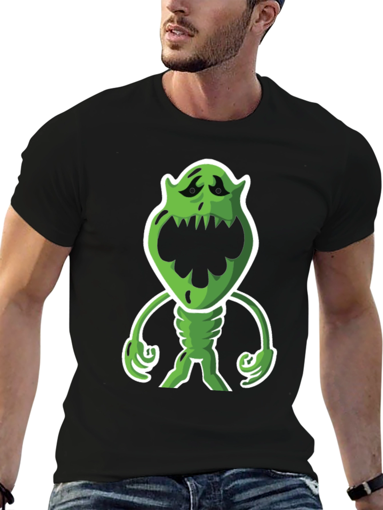 Cartoon Monster Graphic Tee - Black Cotton Blend