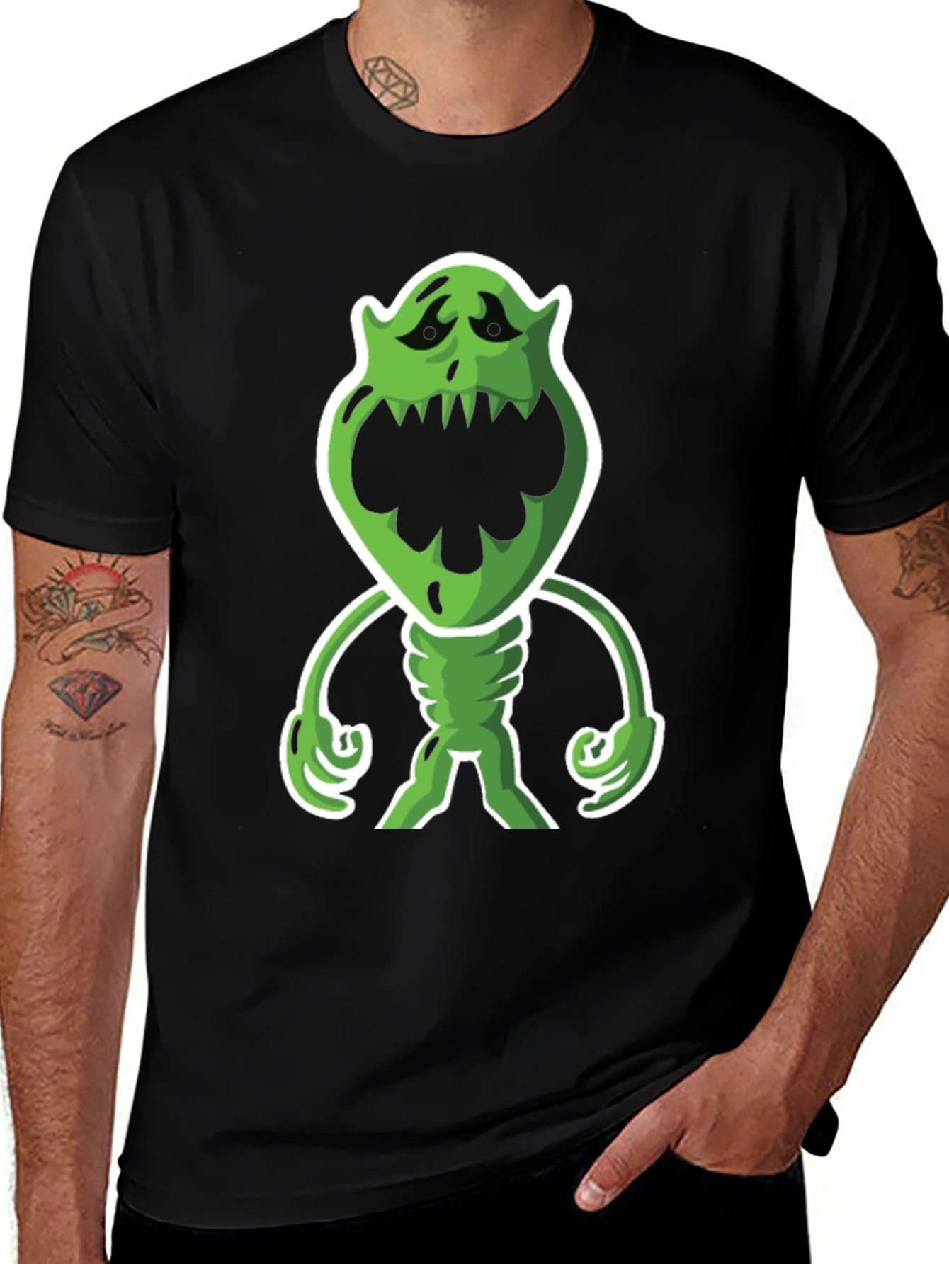 Cartoon Monster Graphic Tee - Black Cotton Blend