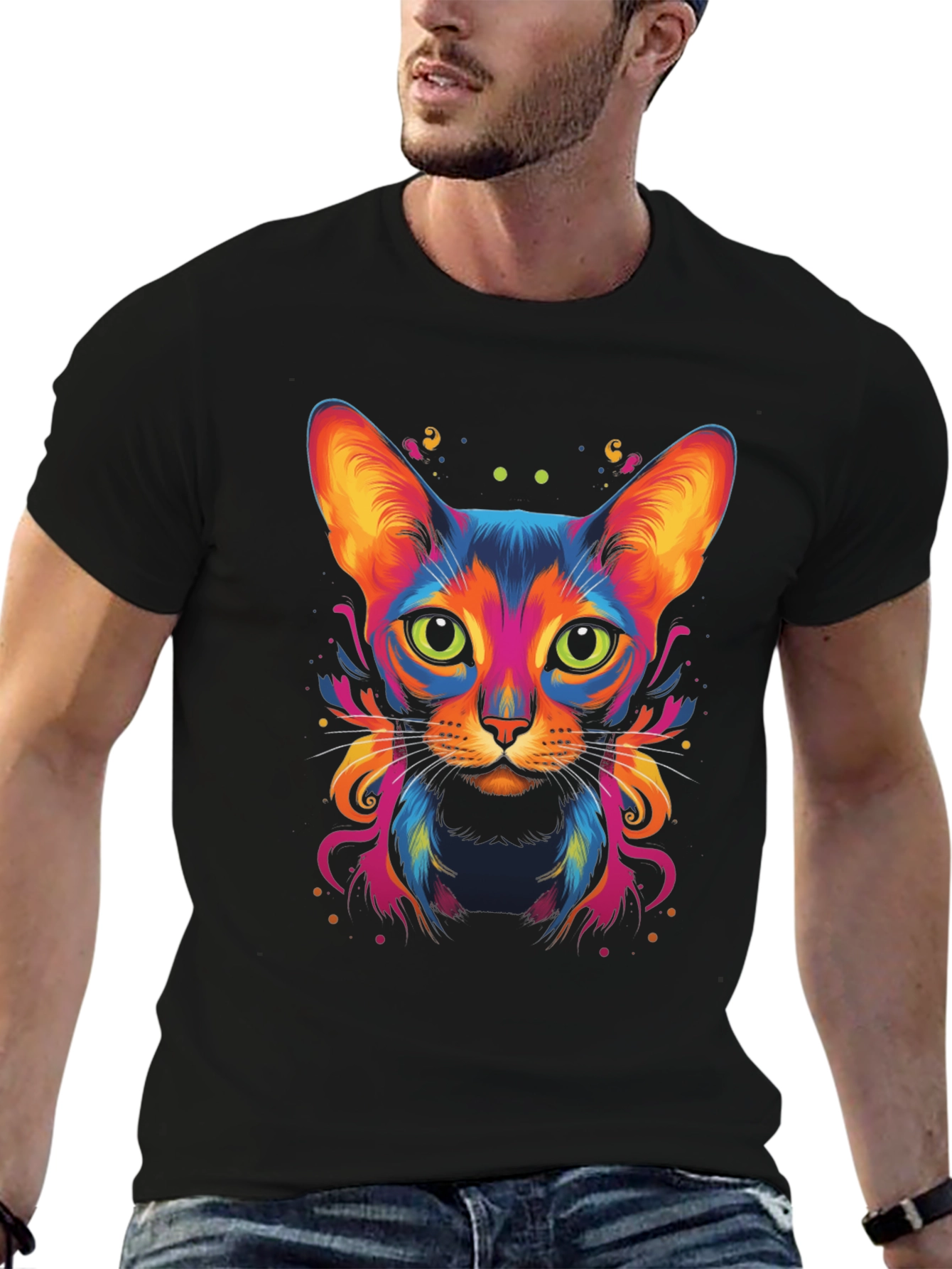 Vibrant Cat Graphic Tee - Cool Animal Art Shirt