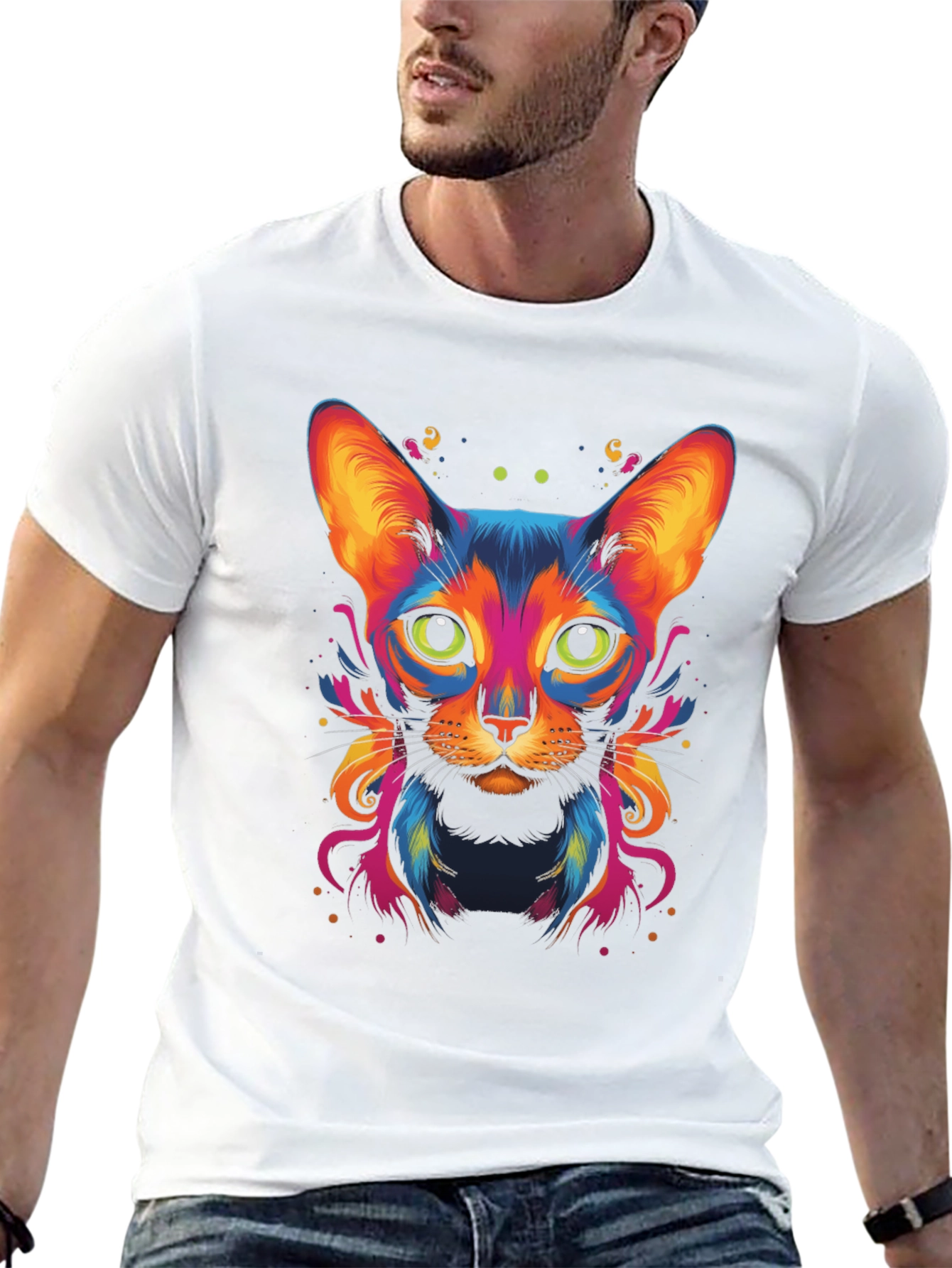 Vibrant Cat Graphic Tee - Cool Animal Art Shirt