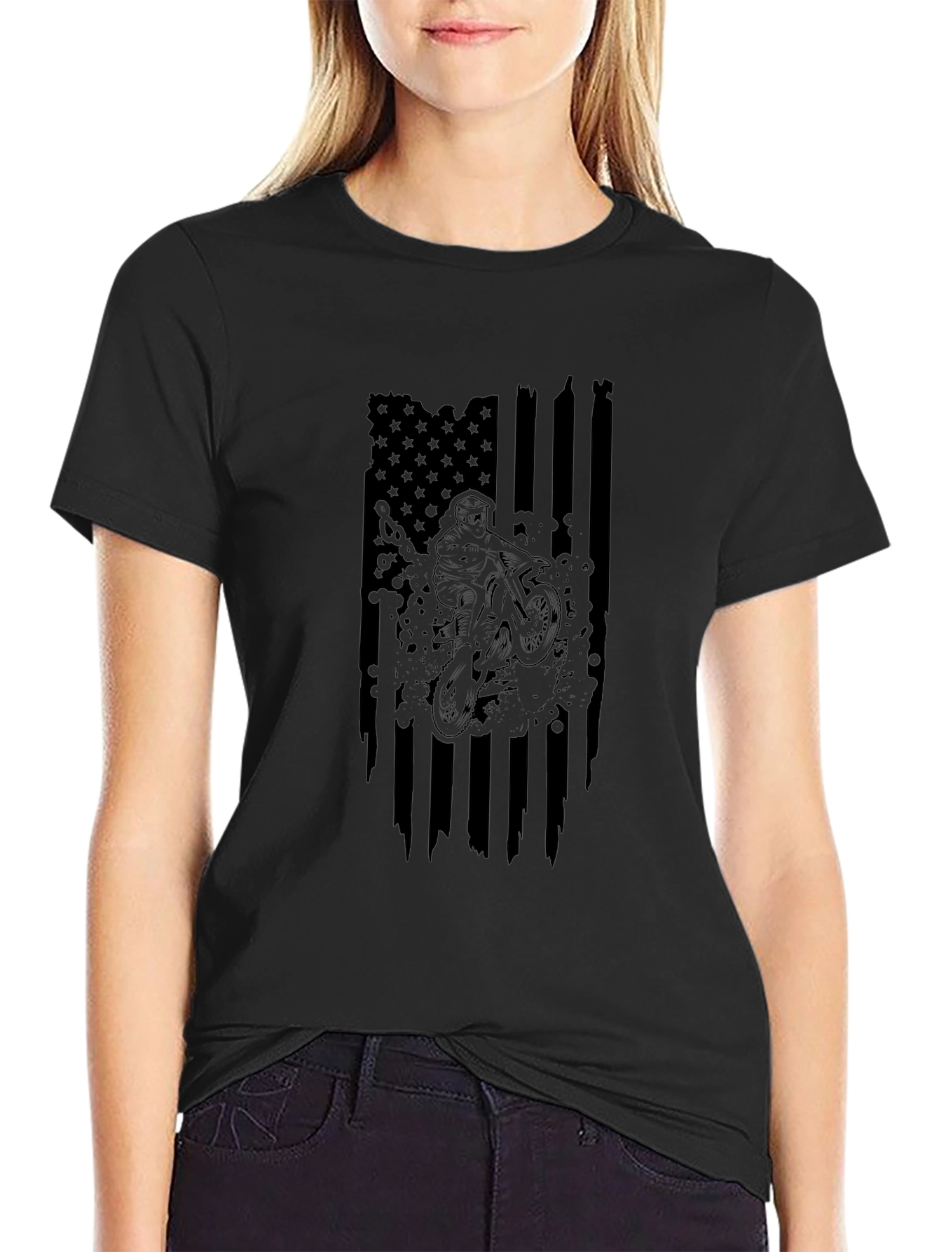 USA Flag Dirt Bike Graphic T-Shirt - Black
