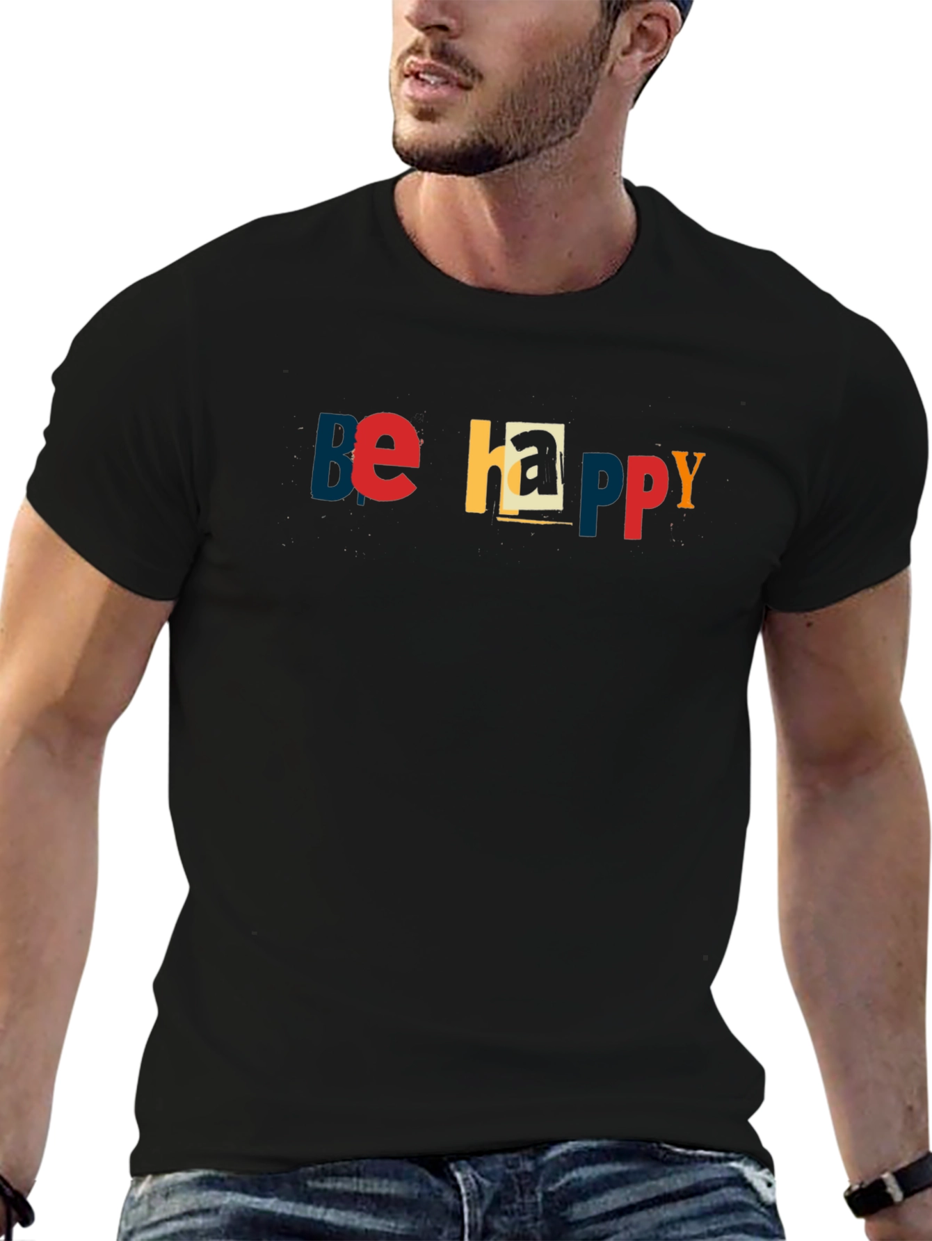 Be Happy Graphic Print Crew Neck T-Shirt