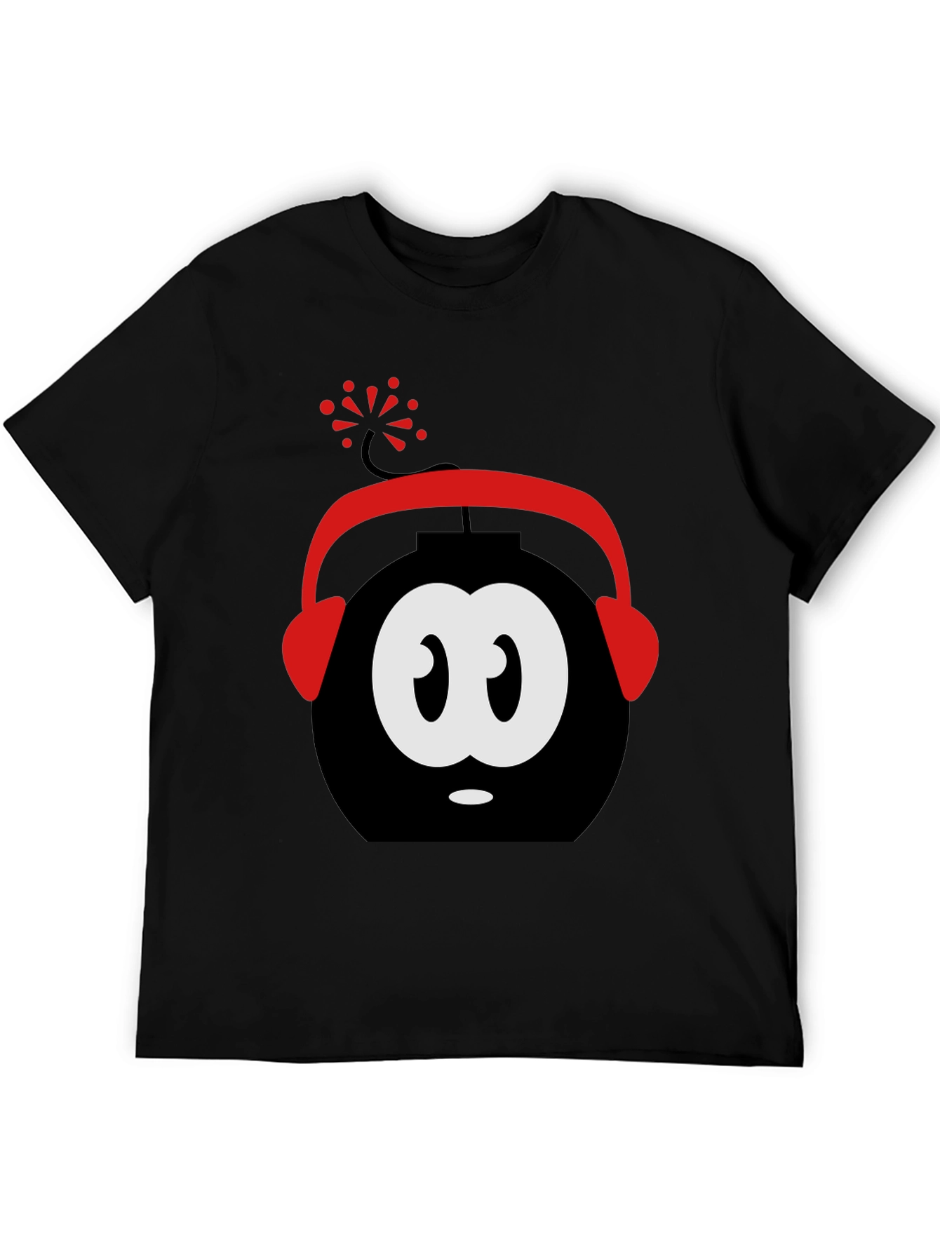 Funny Cartoon Bomb Headphones Black T-Shirt