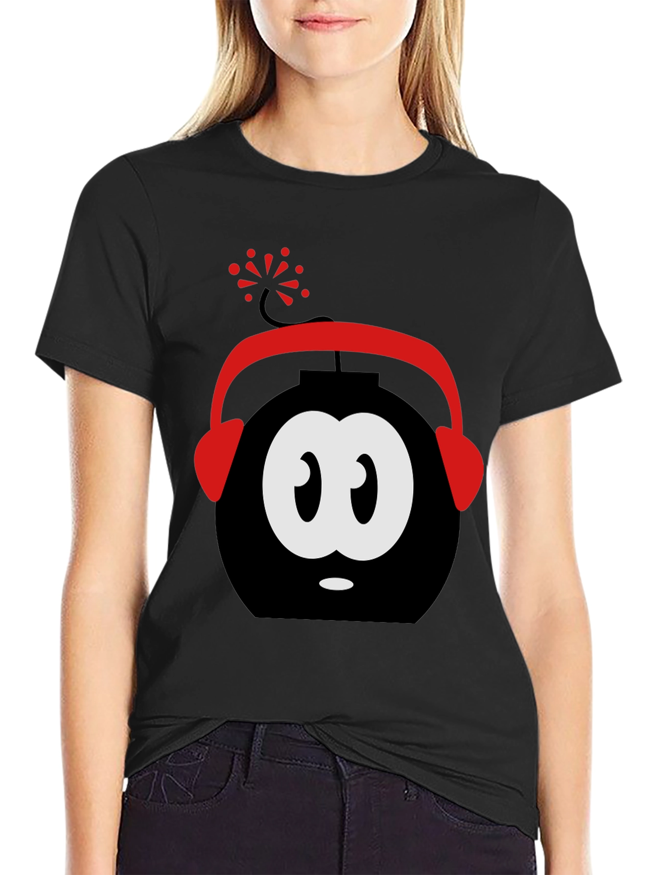 Funny Cartoon Bomb Headphones Black T-Shirt